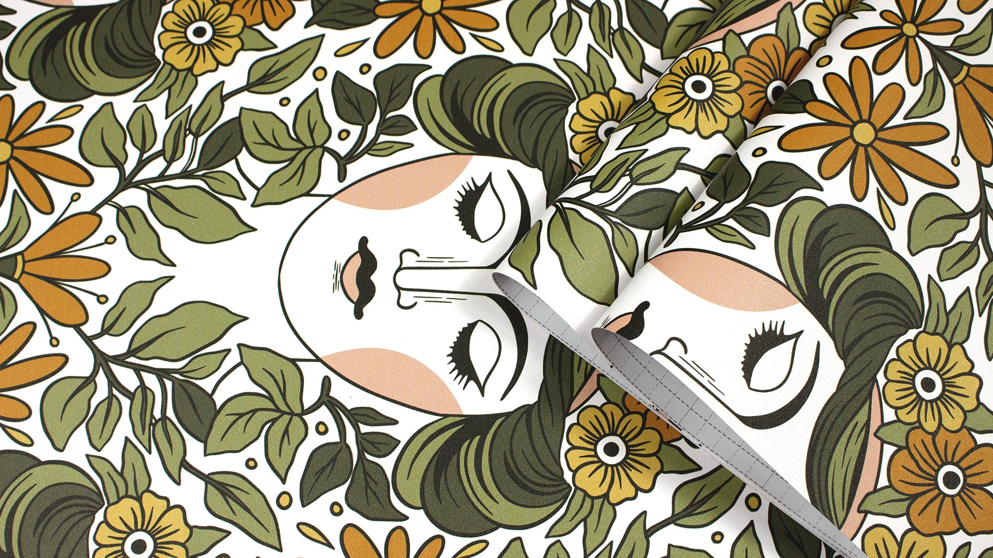 HaokHome Wallpaper Peel and Stick Art Nouveau Floral Goddess Green Mustard Retro Wall Decor Bedroom Living Room Bathroom Removable Mural