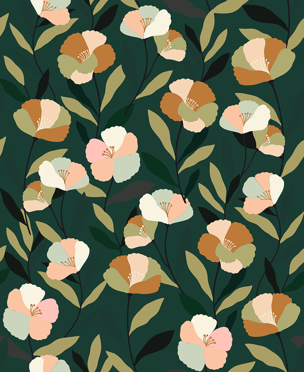 HaokHome Wallpaper Peel and Stick Autumn Floral Green/Orange/Beige Botanical Wall Decor Removable Mural