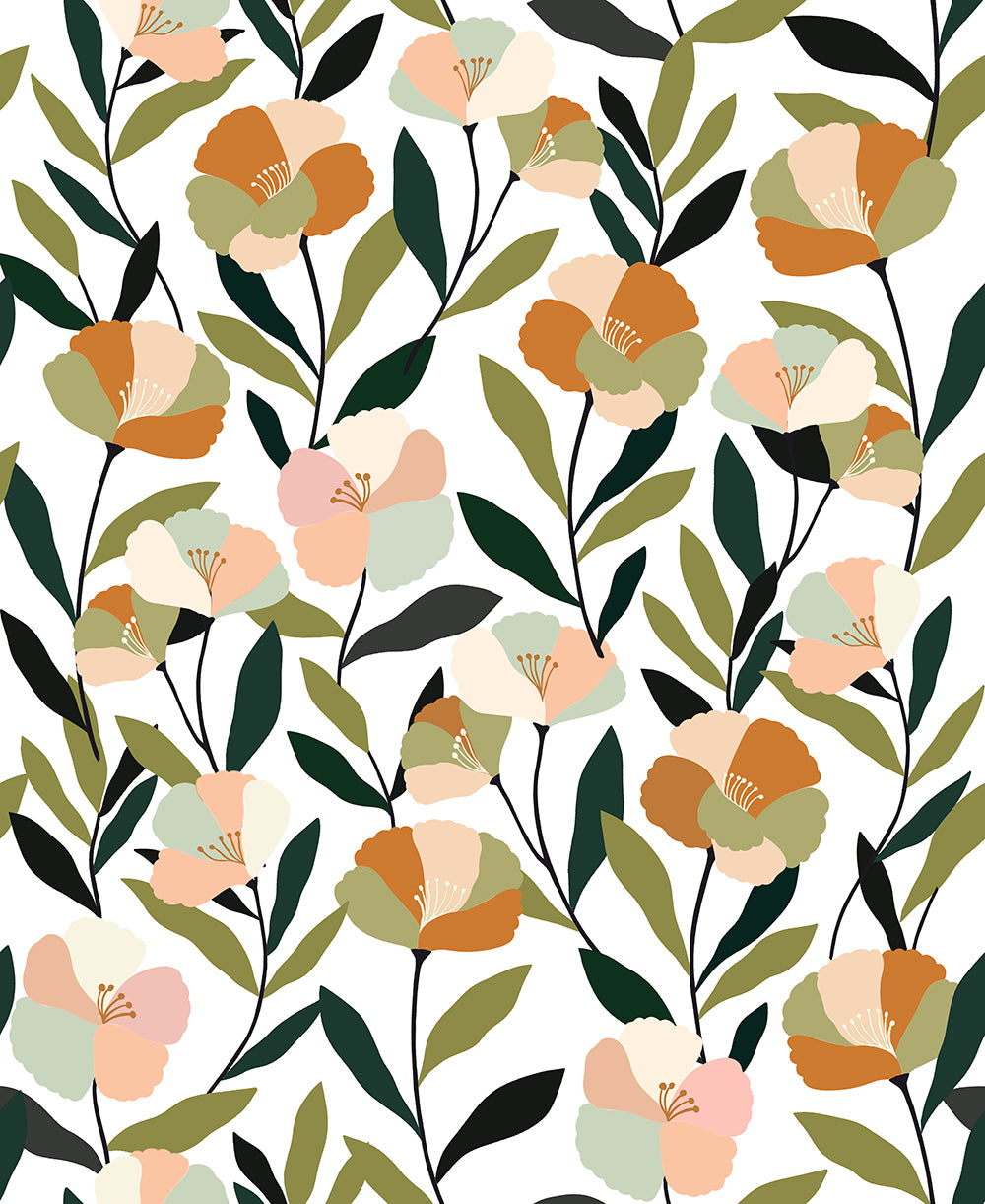 HaokHome Wallpaper Peel and Stick Autumn Floral White/Orange/Beige Botanical Wall Decor Removable Mural