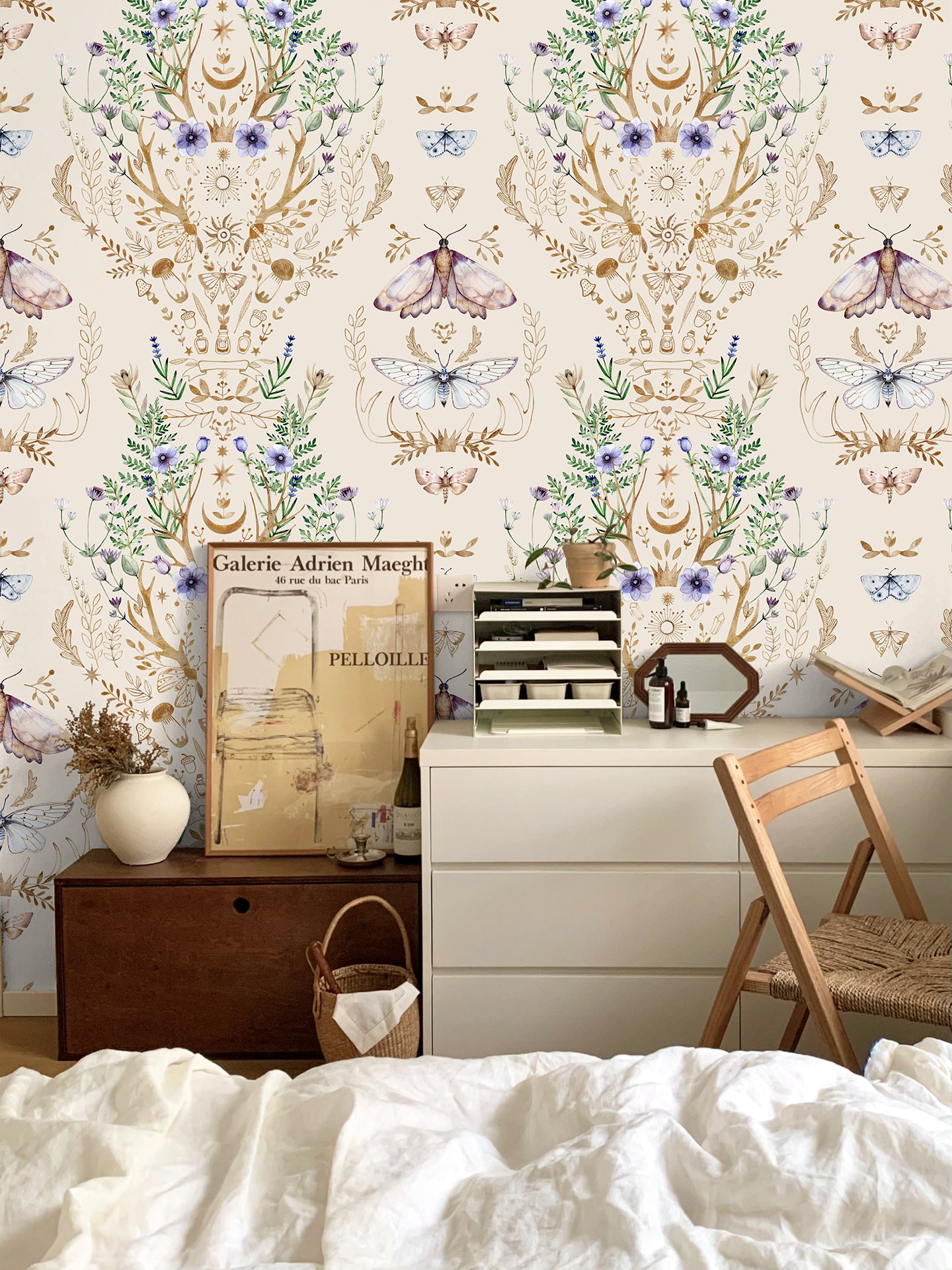 HaokHome Wallpaper Peel and Stick Boho Deer Antler Floral Moth Beige/Gold Wall Decor Removable Mural for Bedroom & Living Room