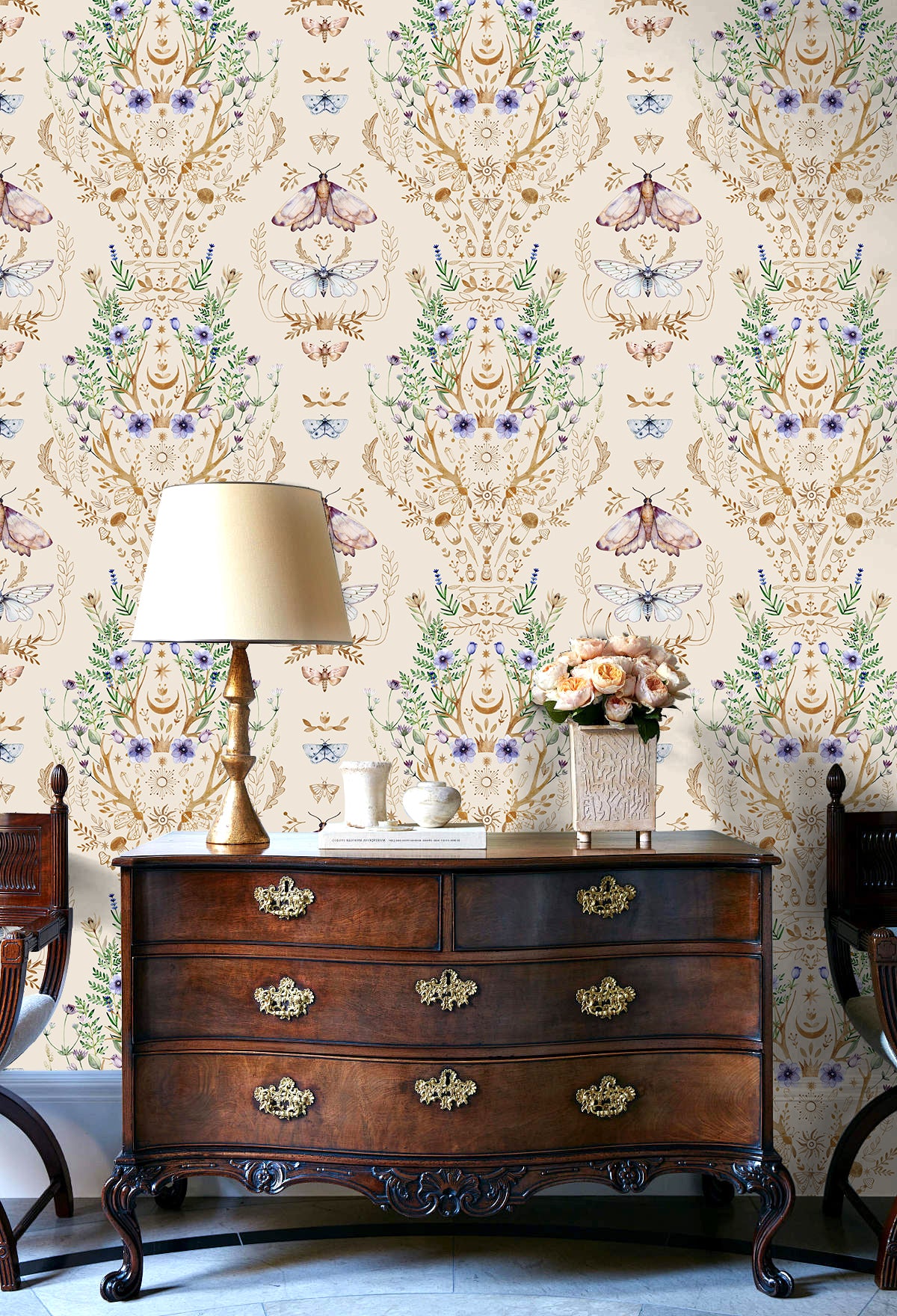 HaokHome Wallpaper Peel and Stick Boho Deer Antler Floral Moth Beige/Gold Wall Decor Removable Mural for Bedroom & Living Room