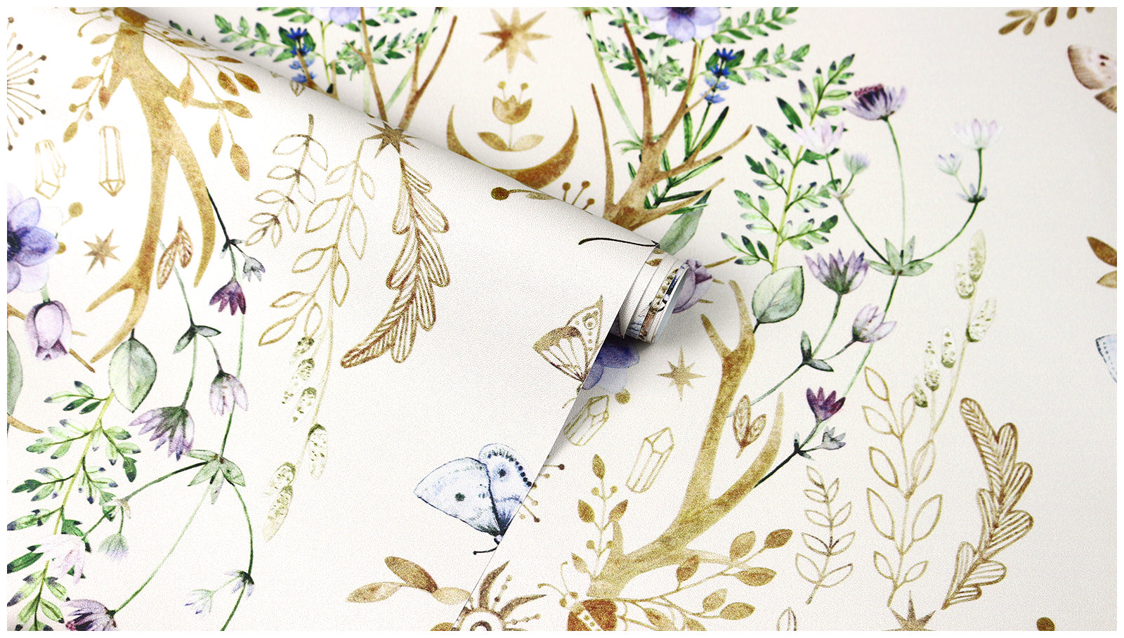 HaokHome Wallpaper Peel and Stick Boho Deer Antler Floral Moth Beige/Gold Wall Decor Removable Mural for Bedroom & Living Room