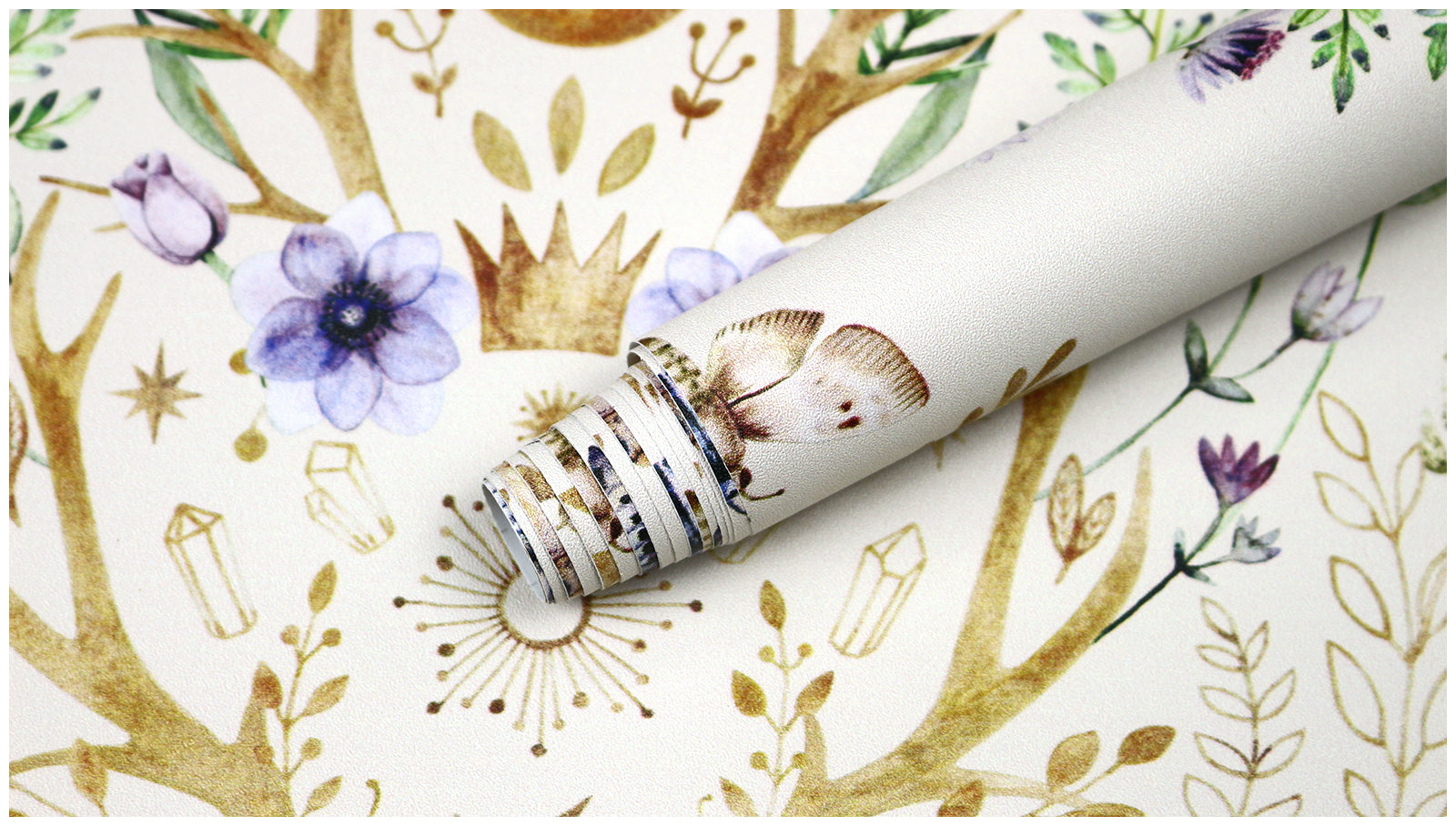 HaokHome Wallpaper Peel and Stick Boho Deer Antler Floral Moth Beige/Gold Wall Decor Removable Mural for Bedroom & Living Room