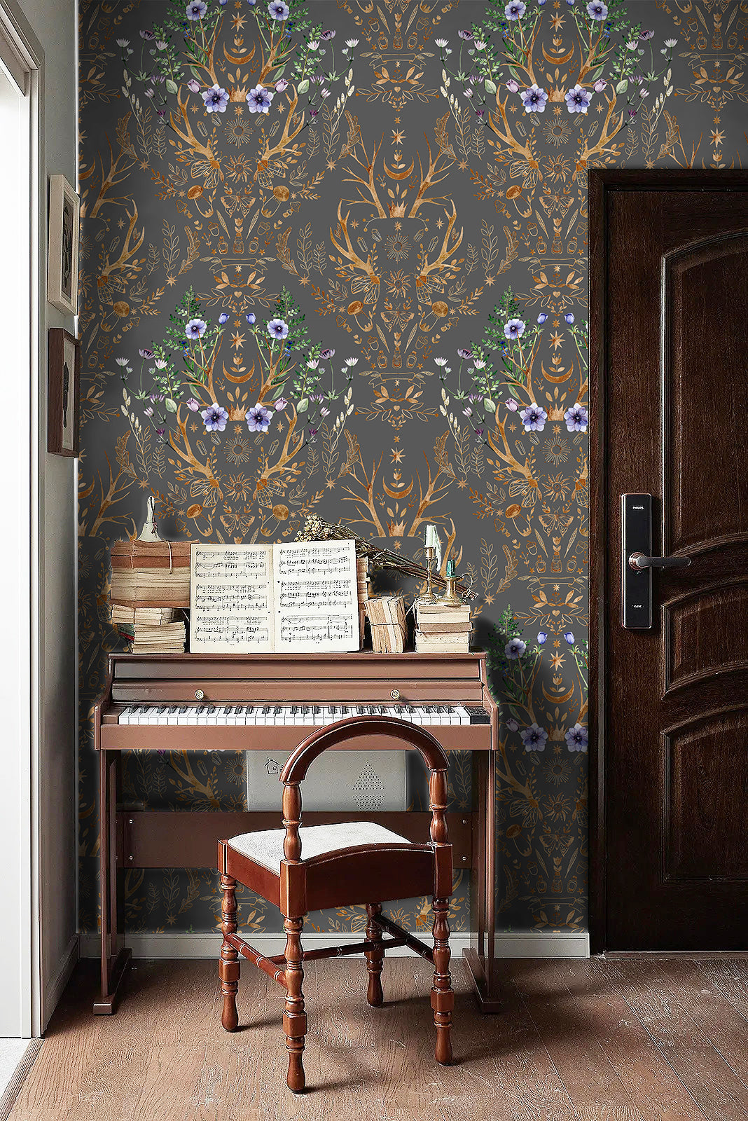 HaokHome Wallpaper Peel and Stick Boho Deer Antler Floral Moth Charcoal/Gold Wall Decor Removable Mural for Bedroom & Living Room