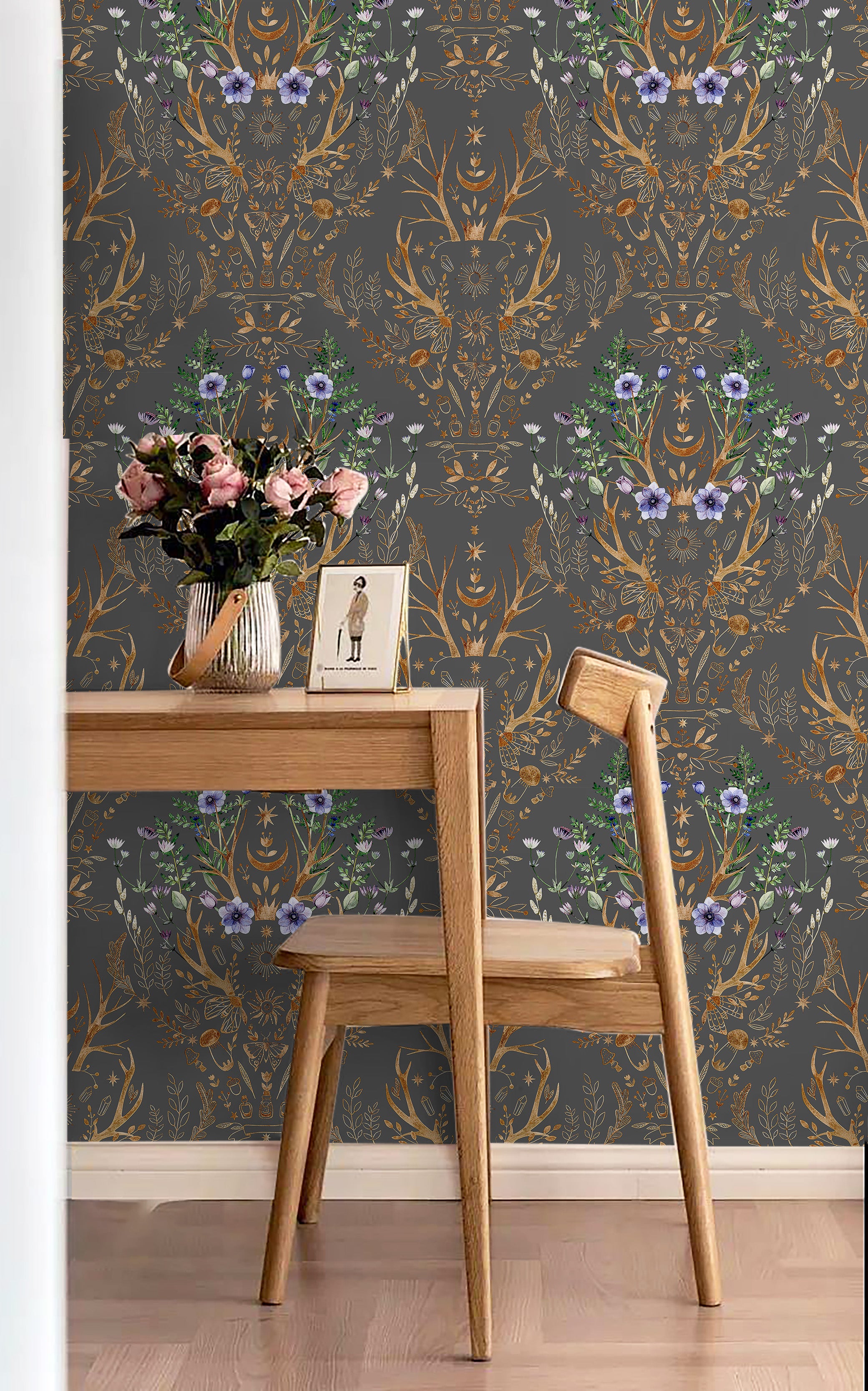 HaokHome Wallpaper Peel and Stick Boho Deer Antler Floral Moth Charcoal/Gold Wall Decor Removable Mural for Bedroom & Living Room