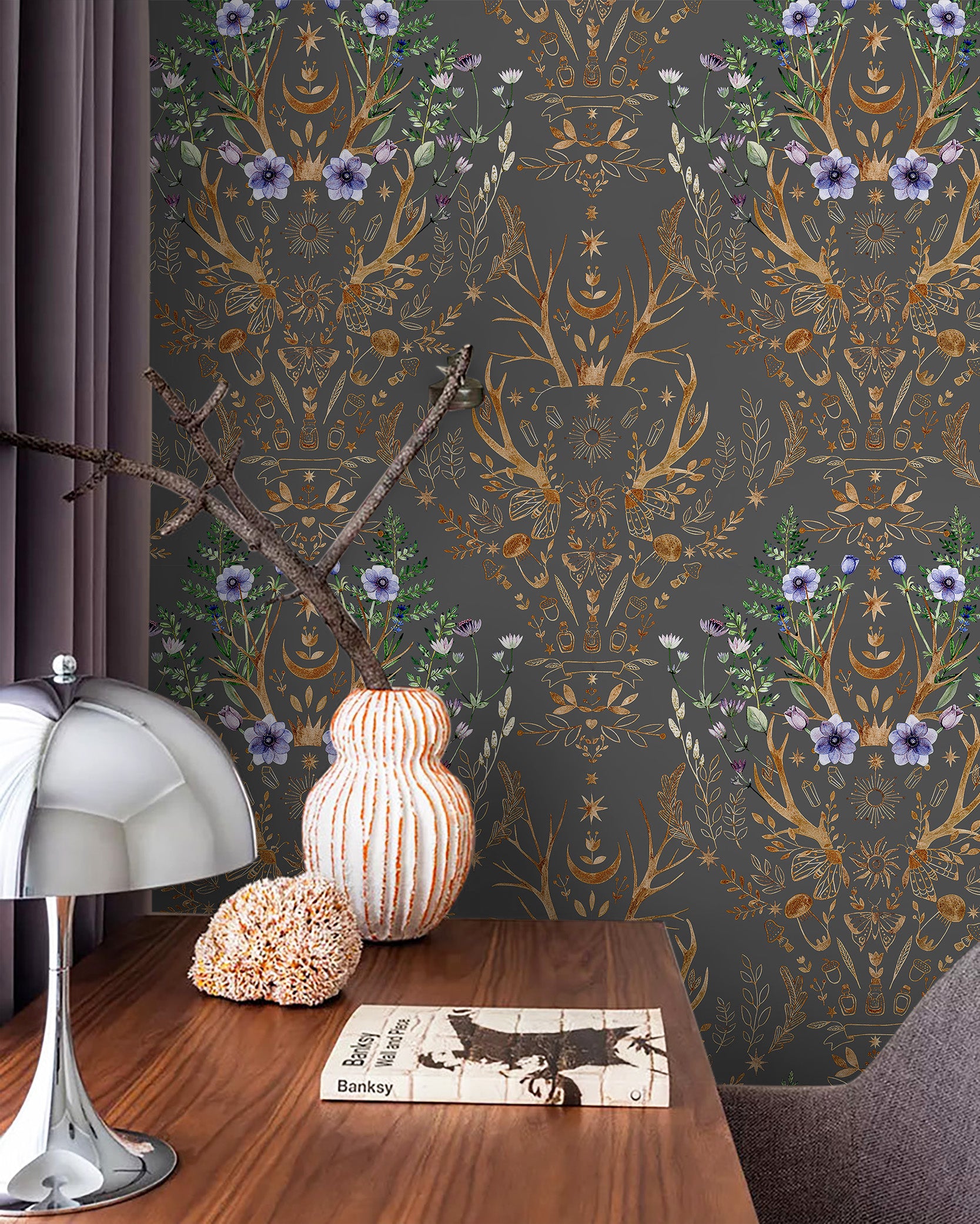 HaokHome Wallpaper Peel and Stick Boho Deer Antler Floral Moth Charcoal/Gold Wall Decor Removable Mural for Bedroom & Living Room