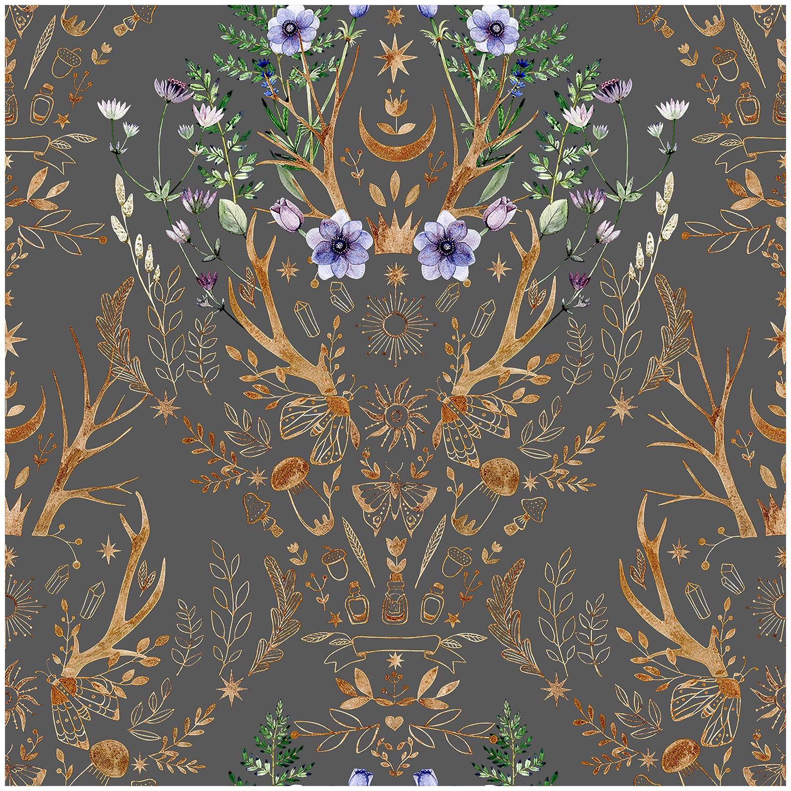 HaokHome Wallpaper Peel and Stick Boho Deer Antler Floral Moth Charcoal/Gold Wall Decor Removable Mural for Bedroom & Living Room