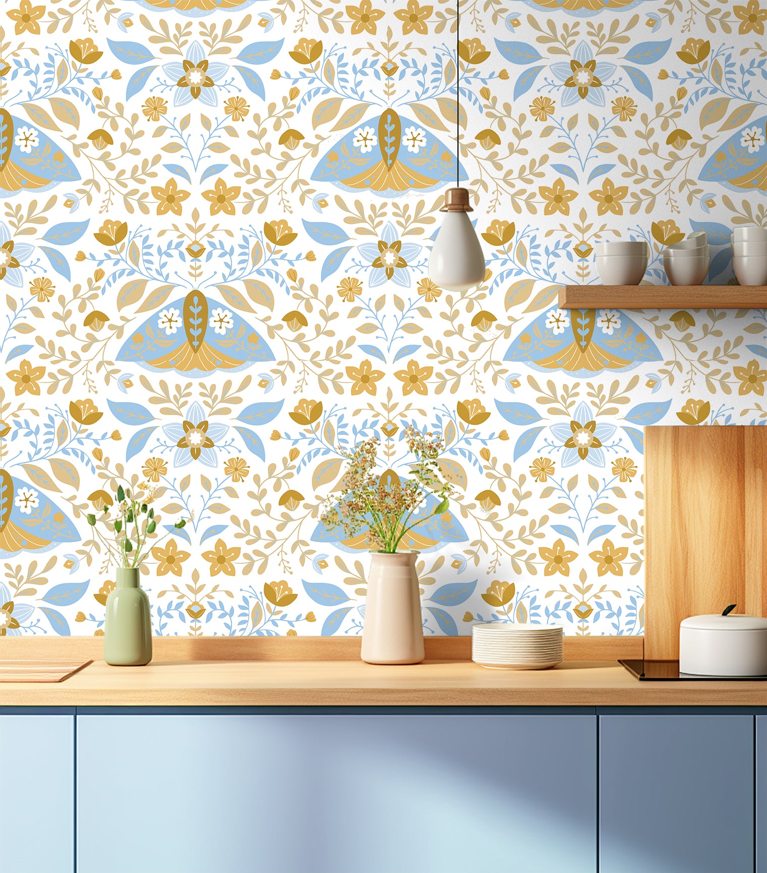HaokHome Wallpaper Peel and Stick Boho Moth and Floral Blue/Gold Wall Decor Removable Mural for Bedroom & Living Room