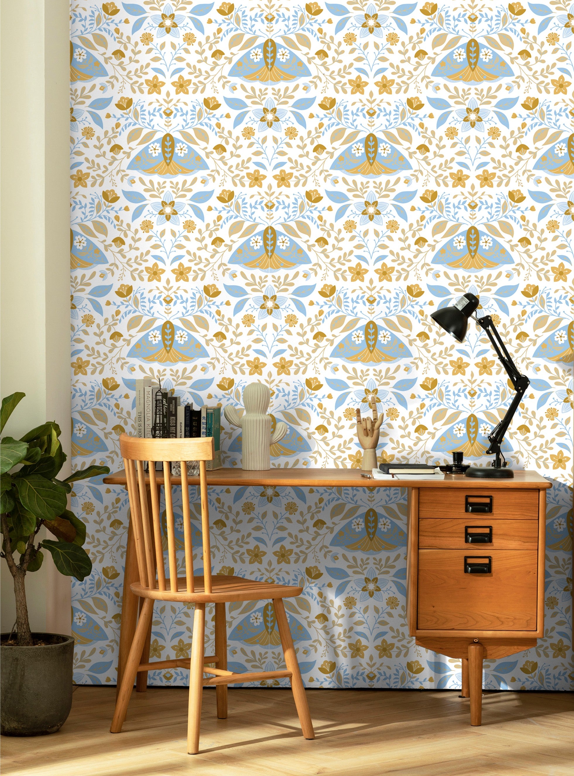 HaokHome Wallpaper Peel and Stick Boho Moth and Floral Blue/Gold Wall Decor Removable Mural for Bedroom & Living Room