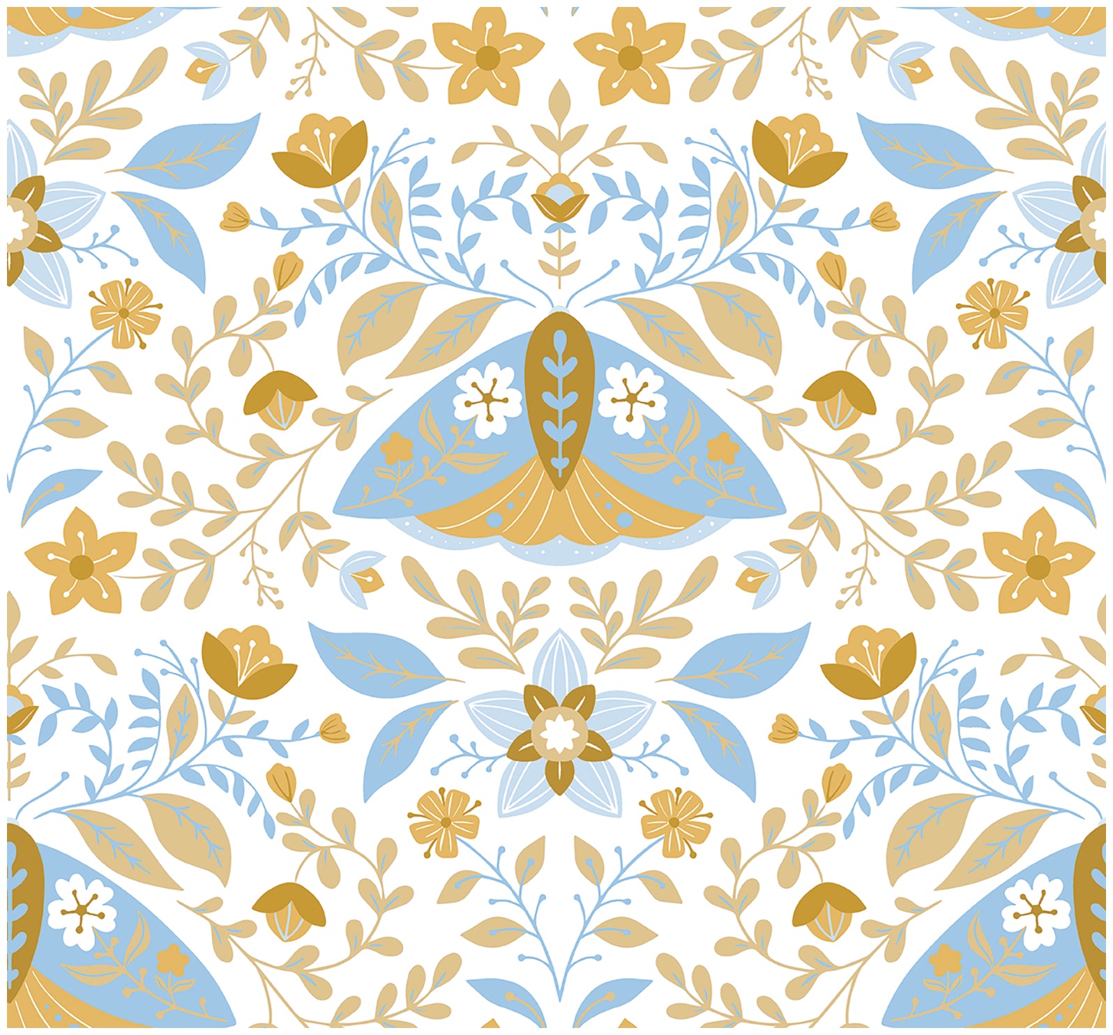 HaokHome Wallpaper Peel and Stick Boho Moth and Floral Blue/Gold Wall Decor Removable Mural for Bedroom & Living Room