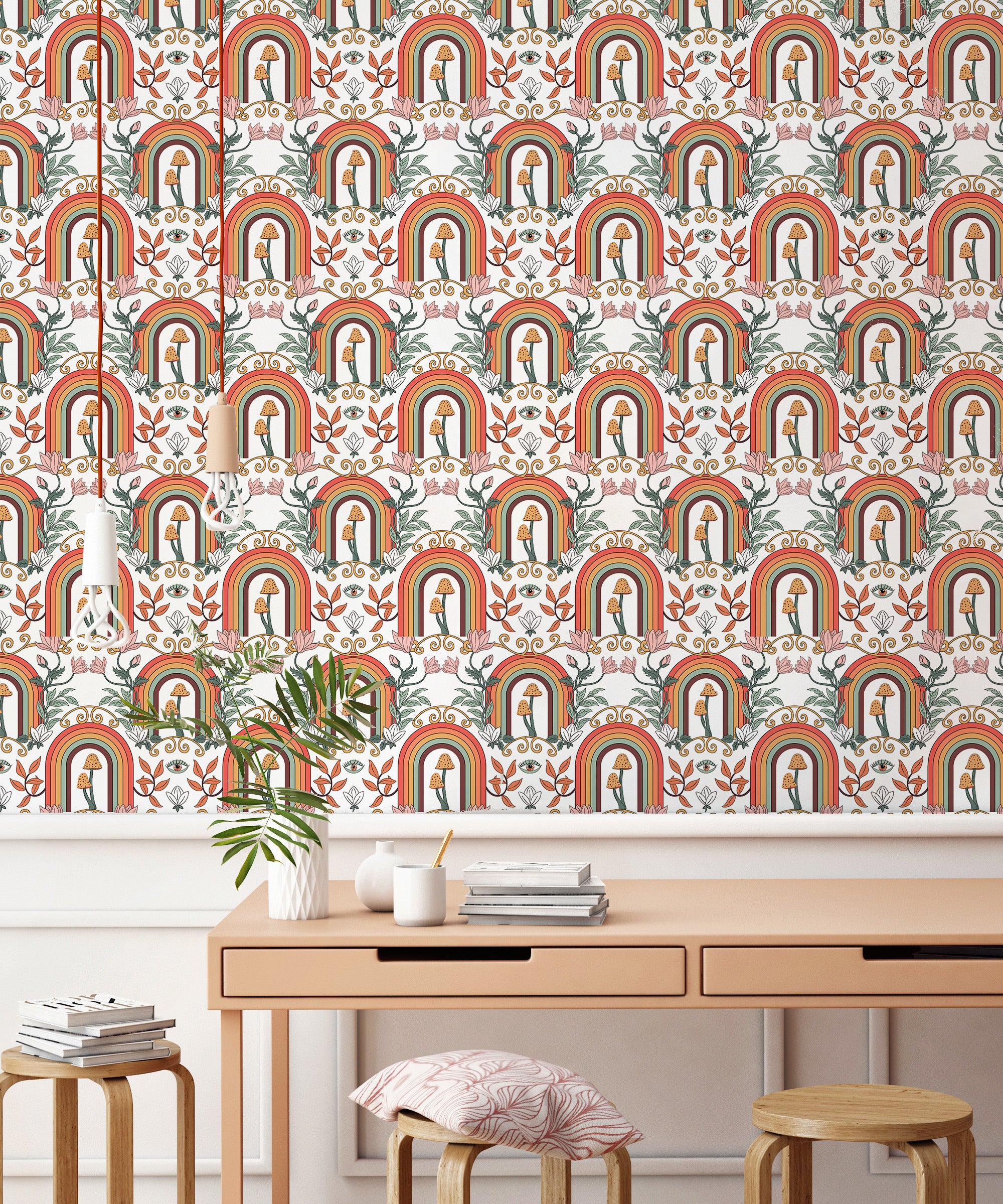 HaokHome Wallpaper Peel and Stick Boho Rainbow Mushroom Pink/Orange/Green Wall Decor Removable Mural for Kids’ Room & Playroom