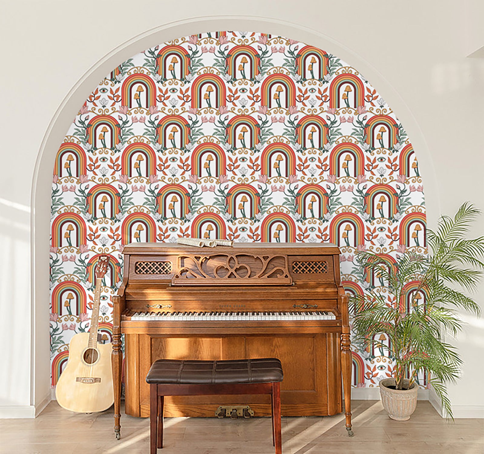 HaokHome Wallpaper Peel and Stick Boho Rainbow Mushroom Pink/Orange/Green Wall Decor Removable Mural for Kids’ Room & Playroom