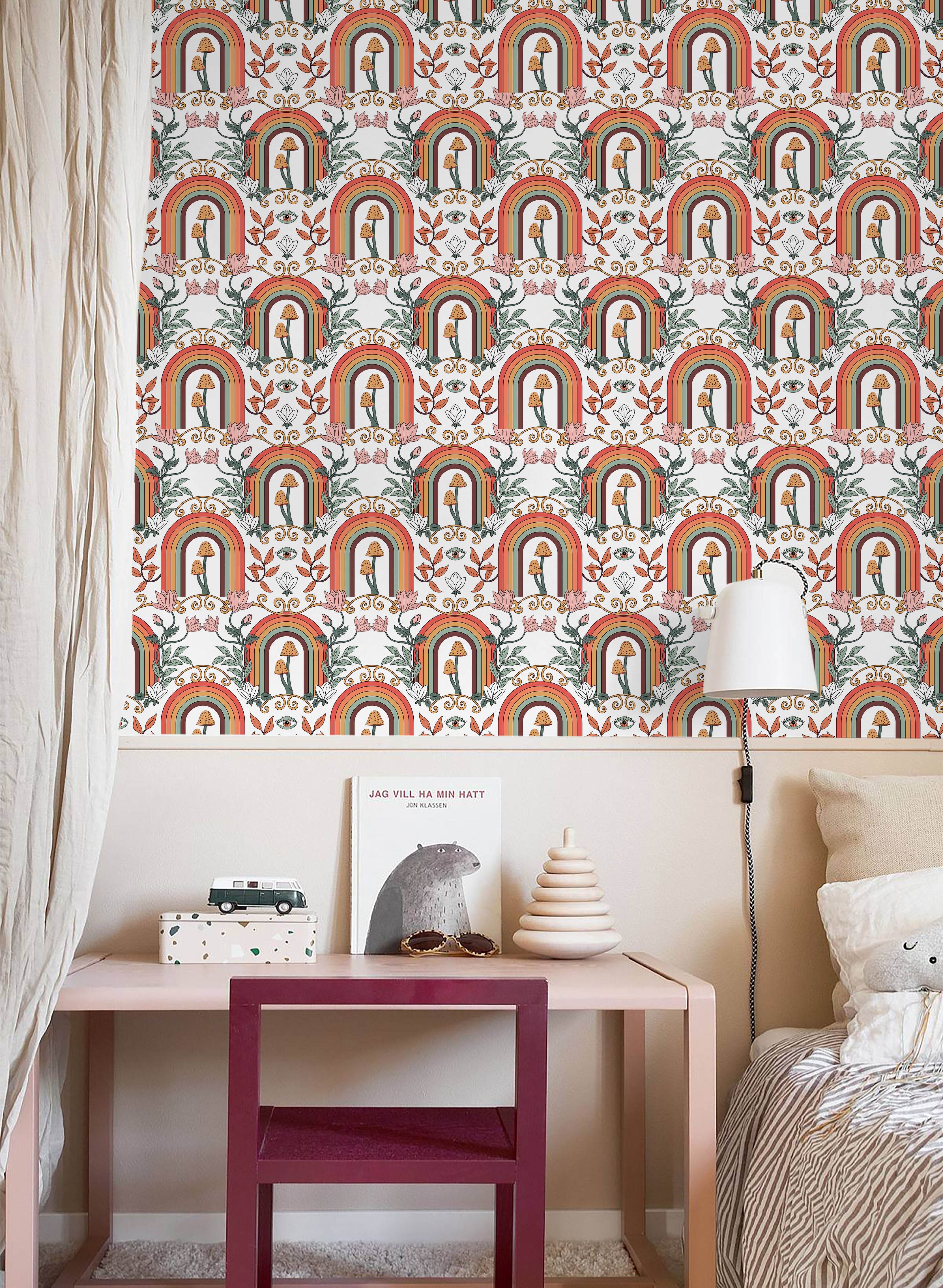 HaokHome Wallpaper Peel and Stick Boho Rainbow Mushroom Pink/Orange/Green Wall Decor Removable Mural for Kids’ Room & Playroom