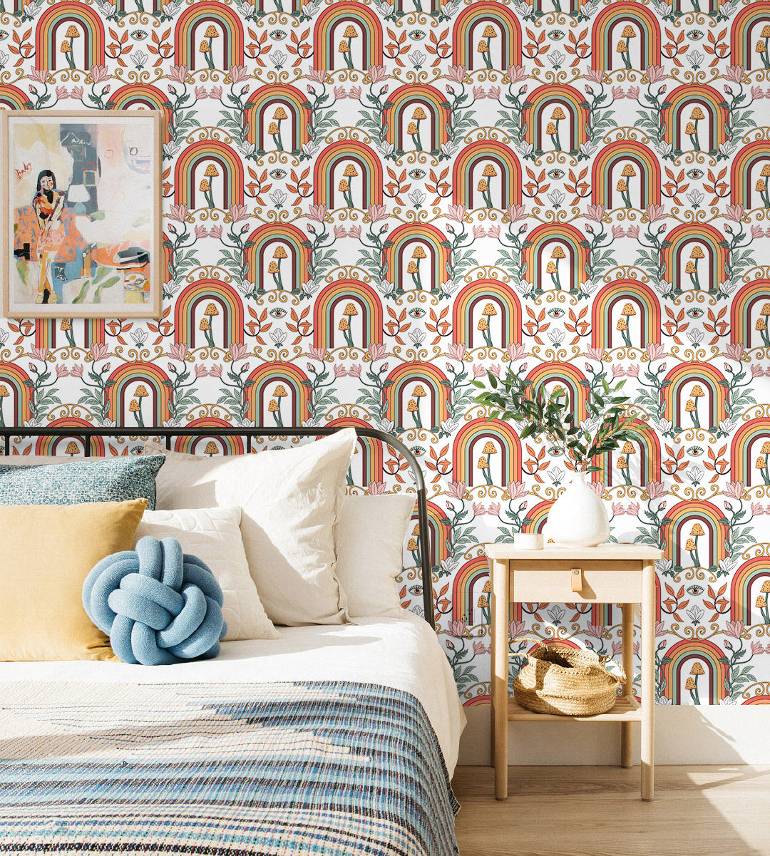 HaokHome Wallpaper Peel and Stick Boho Rainbow Mushroom Pink/Orange/Green Wall Decor Removable Mural for Kids’ Room & Playroom