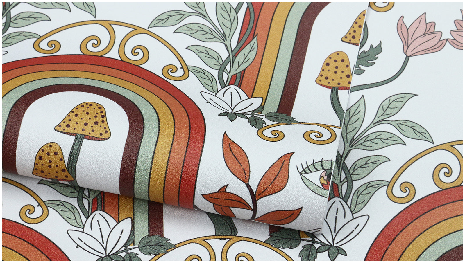 HaokHome Wallpaper Peel and Stick Boho Rainbow Mushroom Pink/Orange/Green Wall Decor Removable Mural for Kids’ Room & Playroom