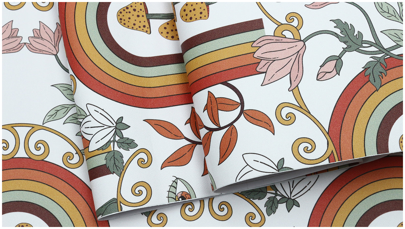 HaokHome Wallpaper Peel and Stick Boho Rainbow Mushroom Pink/Orange/Green Wall Decor Removable Mural for Kids’ Room & Playroom