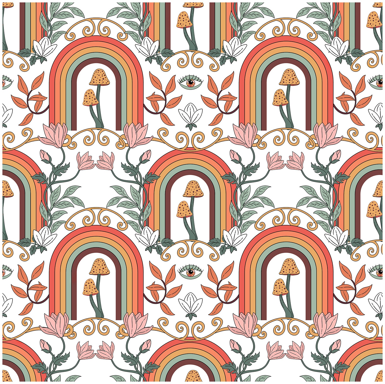 HaokHome Wallpaper Peel and Stick Boho Rainbow Mushroom Pink/Orange/Green Wall Decor Removable Mural for Kids’ Room & Playroom