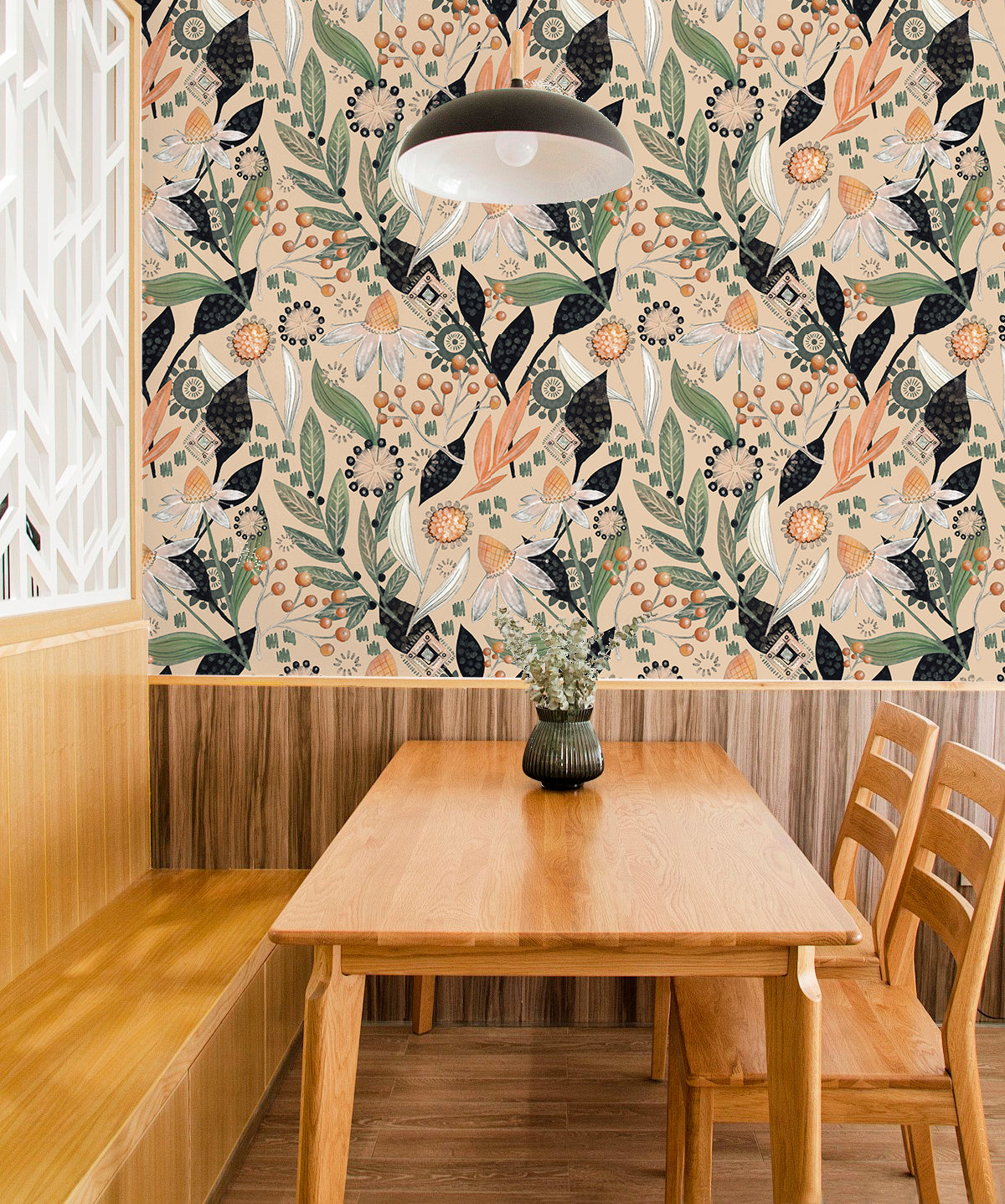 HaokHome Wallpaper Peel and Stick Botanical Floral Beige/Green/Orange Retro Wall Decor Removable Mural for Bedroom & Living Room