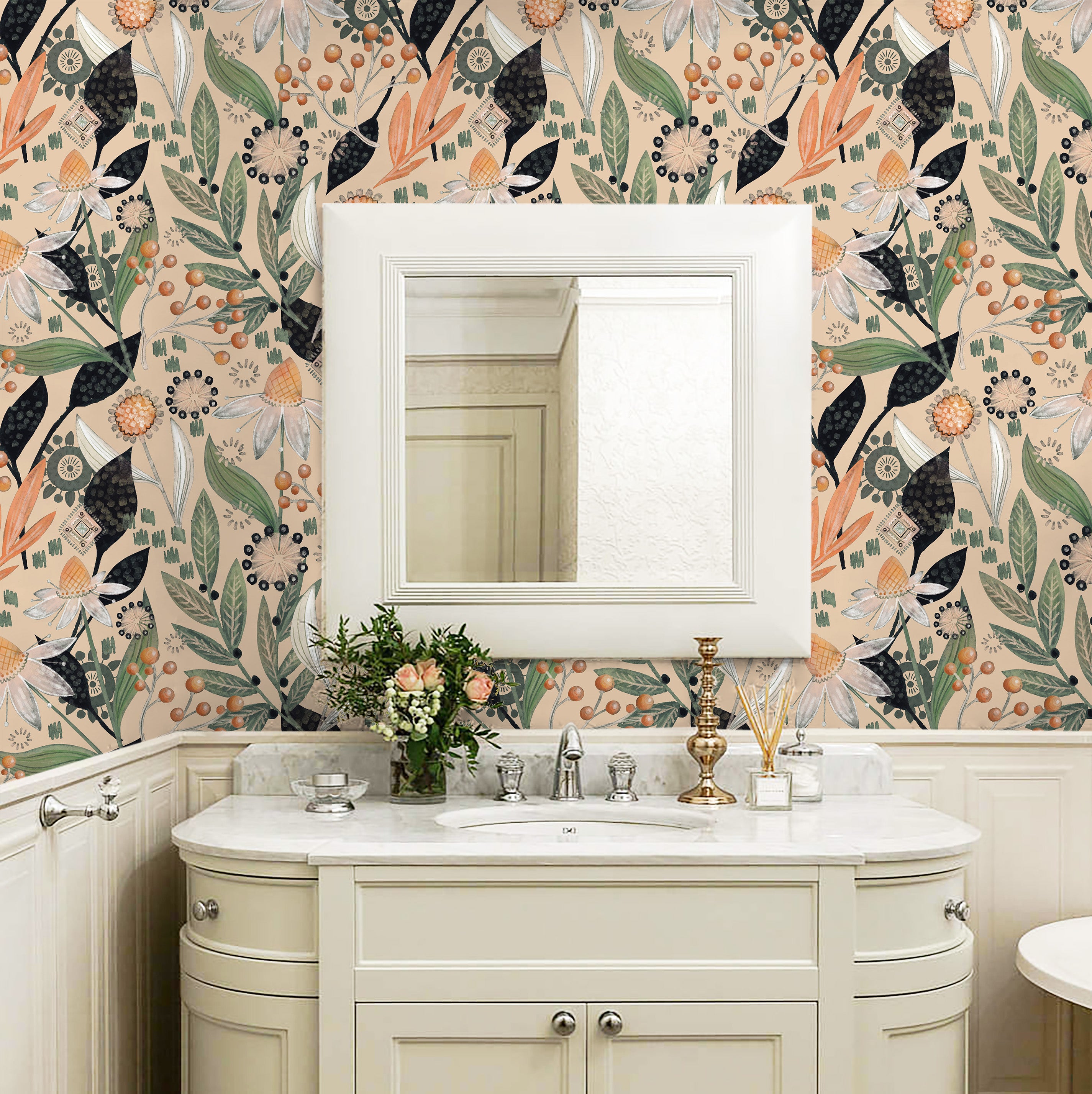 HaokHome Wallpaper Peel and Stick Botanical Floral Beige/Green/Orange Retro Wall Decor Removable Mural for Bedroom & Living Room