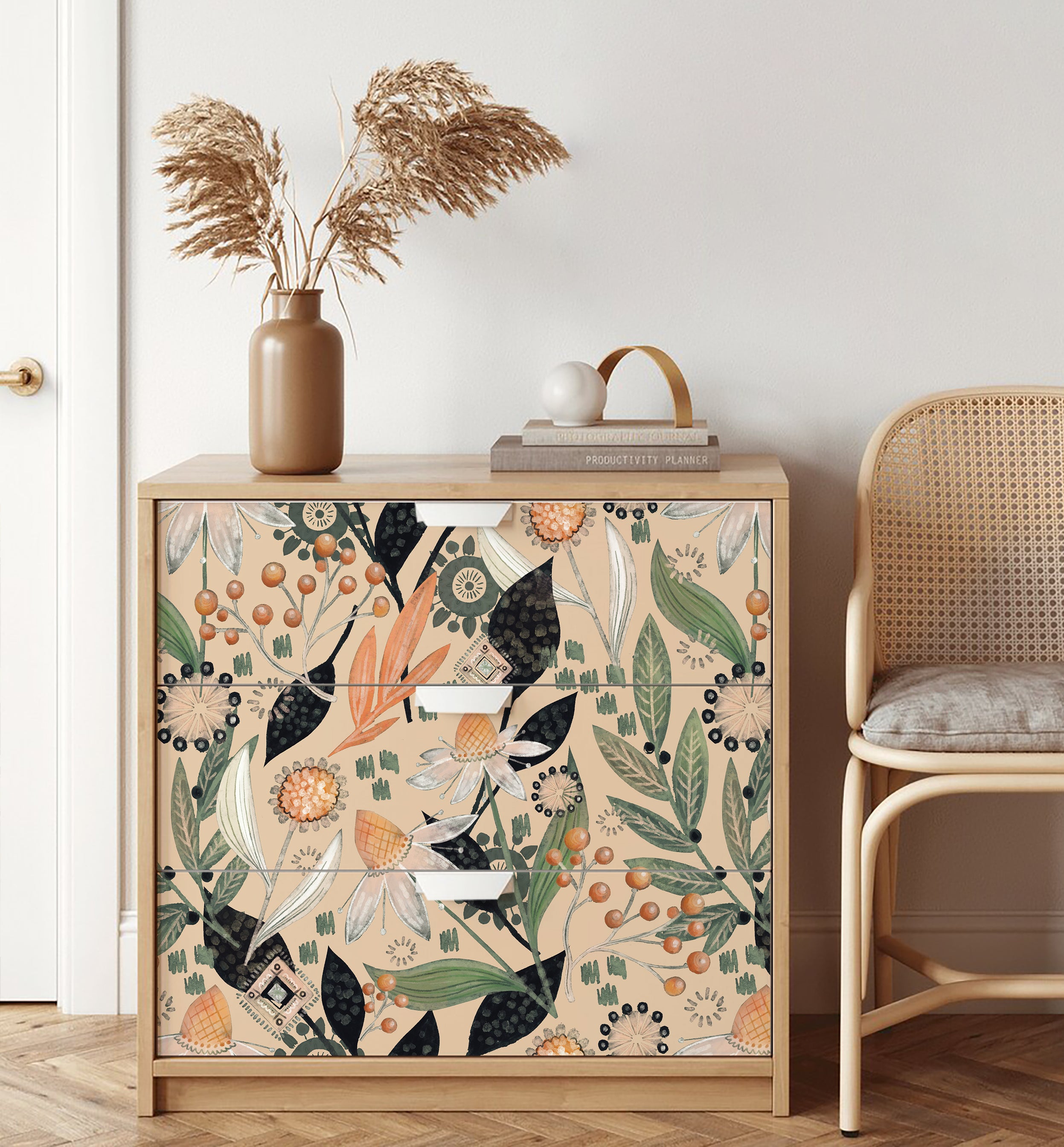 HaokHome Wallpaper Peel and Stick Botanical Floral Beige/Green/Orange Retro Wall Decor Removable Mural for Bedroom & Living Room