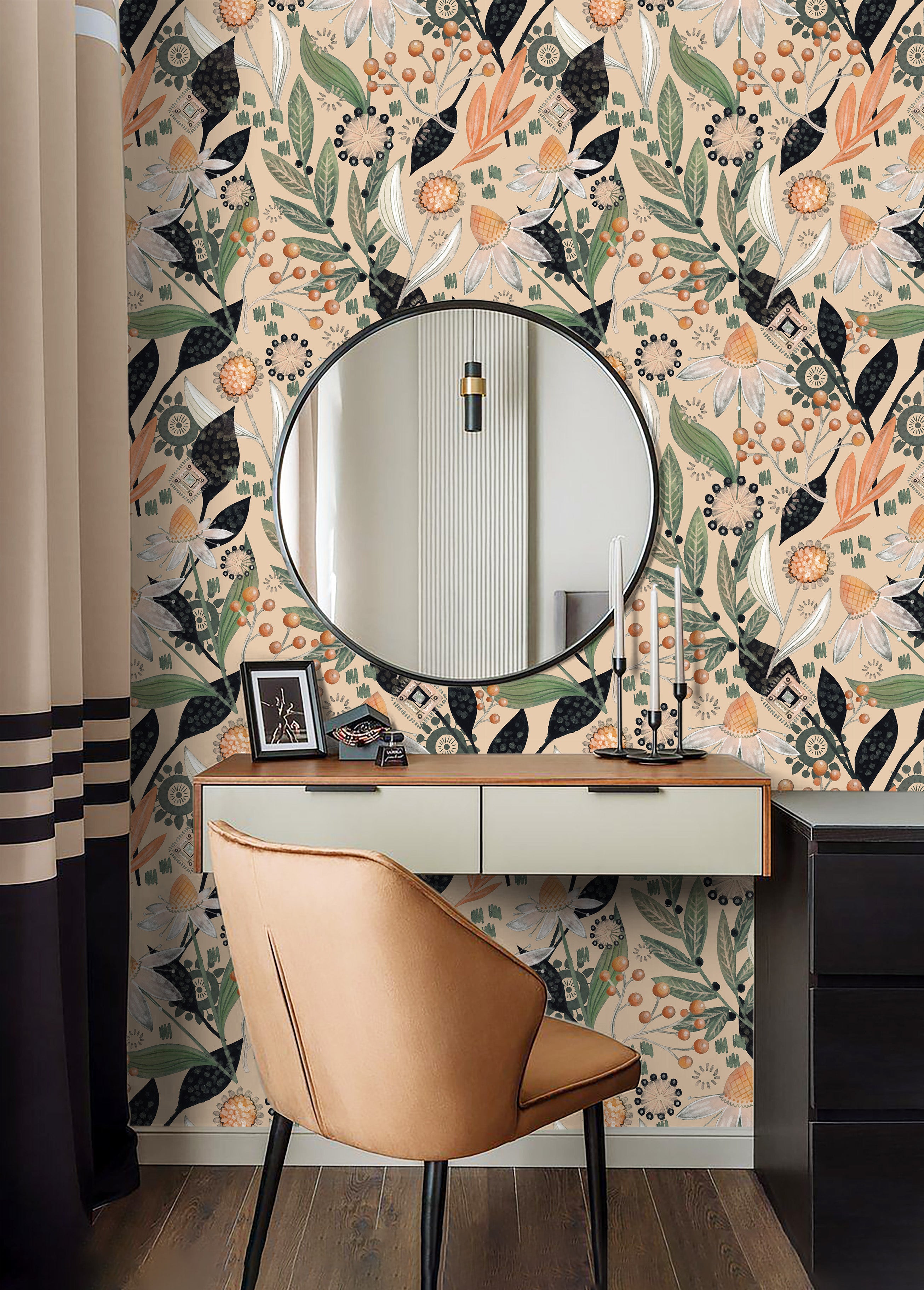 HaokHome Wallpaper Peel and Stick Botanical Floral Beige/Green/Orange Retro Wall Decor Removable Mural for Bedroom & Living Room