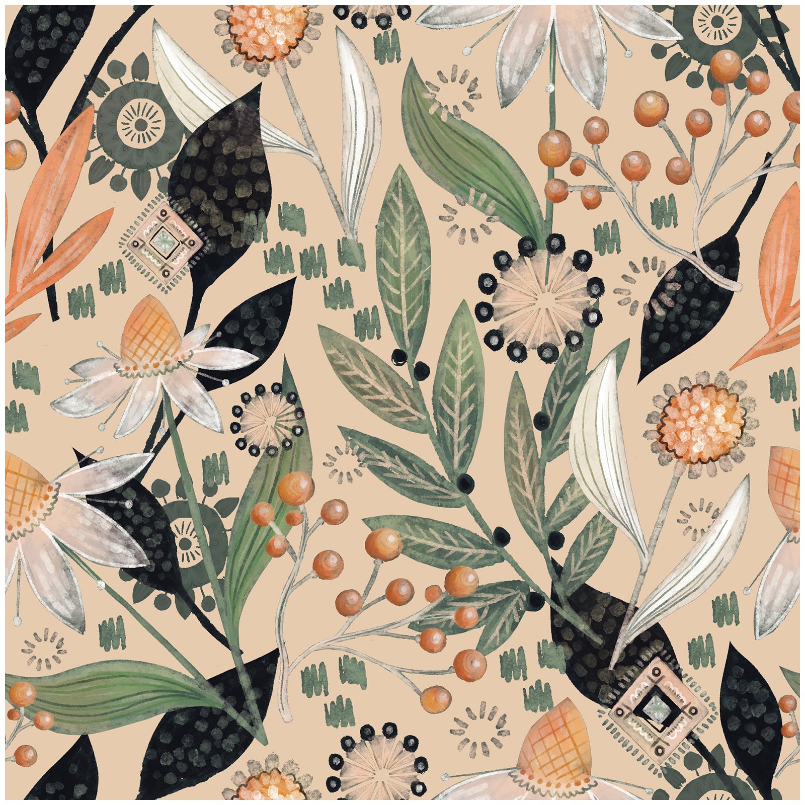 HaokHome Wallpaper Peel and Stick Botanical Floral Beige/Green/Orange Retro Wall Decor Removable Mural for Bedroom & Living Room