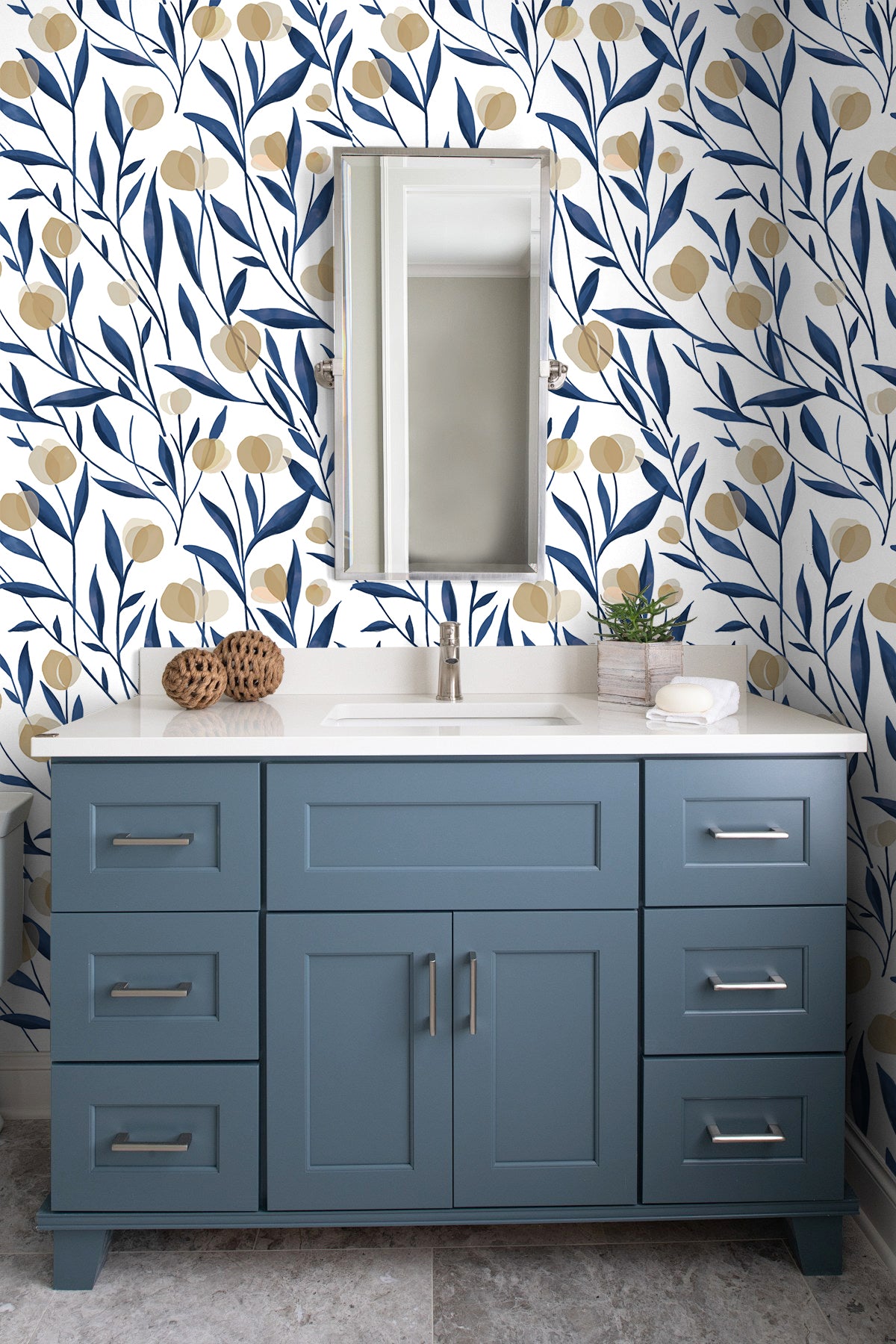 HaokHome Wallpaper Peel and Stick Botanical Floral Blue/Beige Minimalist Wall Decor Removable Mural for Bedroom & Living Room