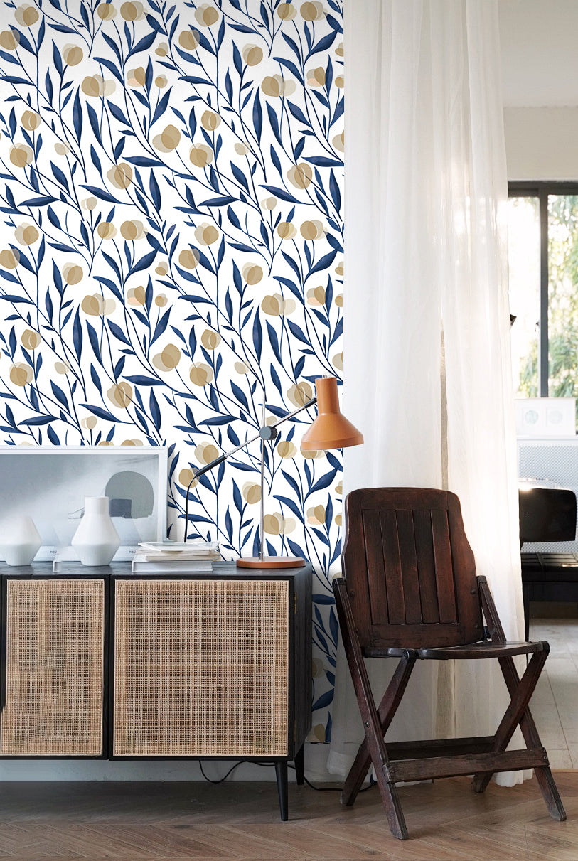 HaokHome Wallpaper Peel and Stick Botanical Floral Blue/Beige Minimalist Wall Decor Removable Mural for Bedroom & Living Room