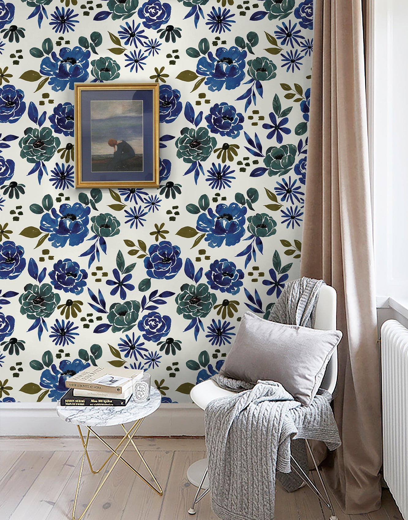 HaokHome Wallpaper Peel and Stick Botanical Floral Blue/Green Wall Decor Removable Mural for Bedroom & Living Room