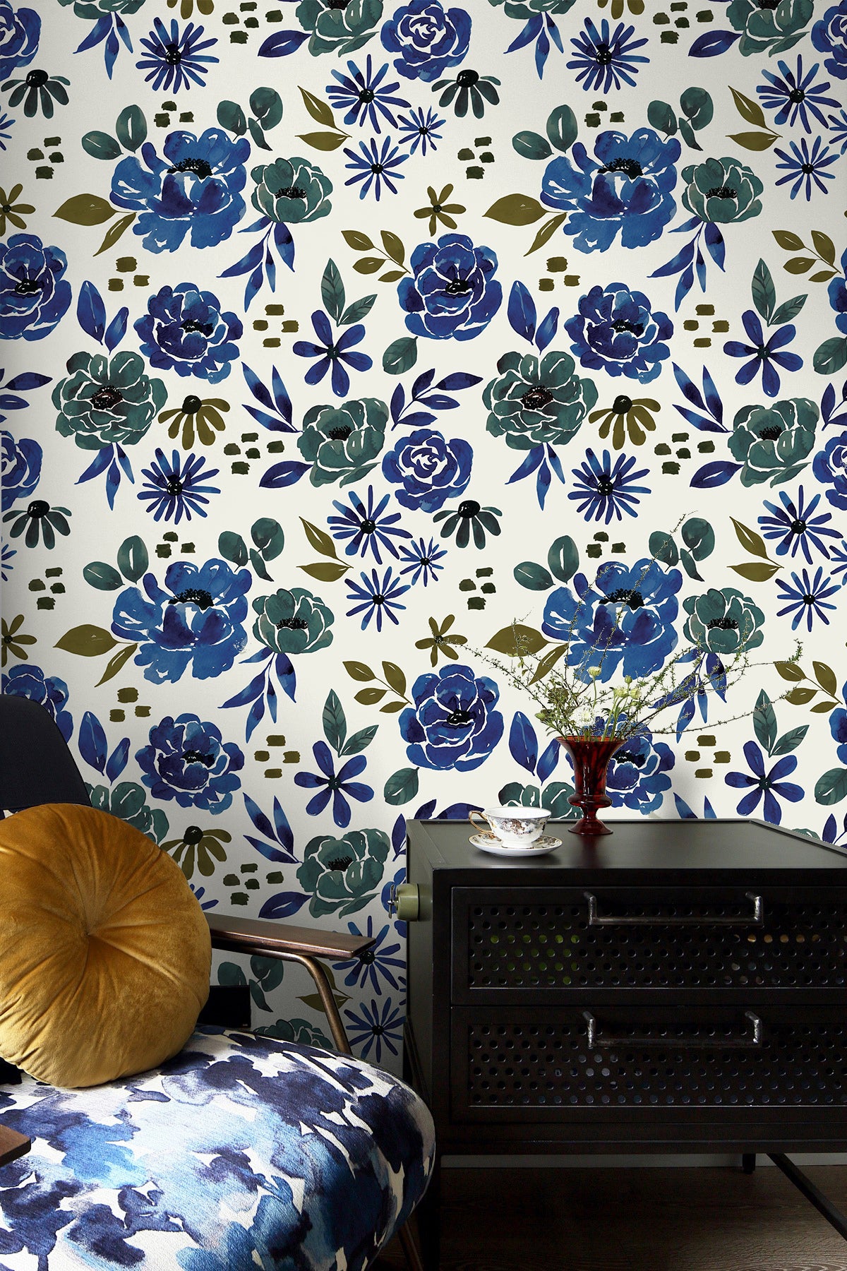 HaokHome Wallpaper Peel and Stick Botanical Floral Blue/Green Wall Decor Removable Mural for Bedroom & Living Room