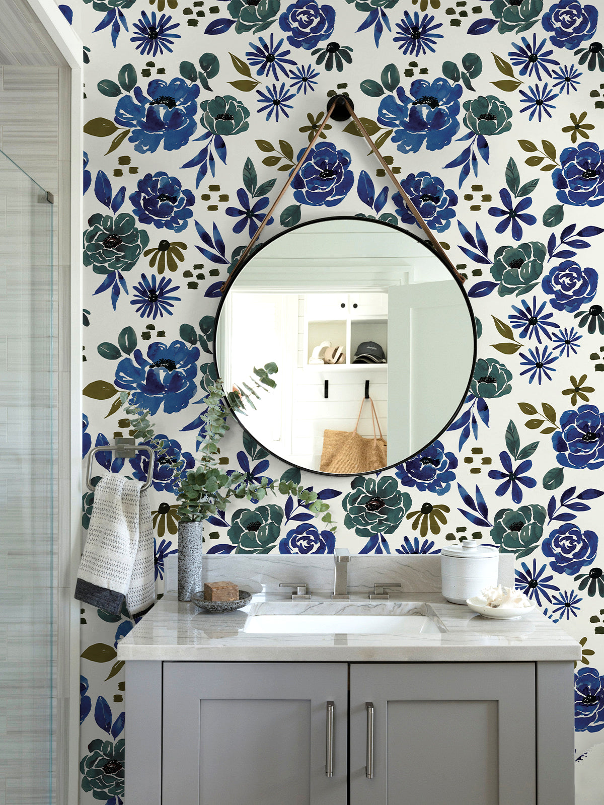 HaokHome Wallpaper Peel and Stick Botanical Floral Blue/Green Wall Decor Removable Mural for Bedroom & Living Room