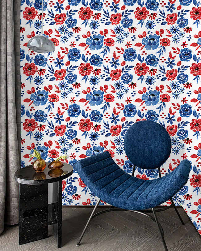 HaokHome Wallpaper Peel and Stick Botanical Floral Blue/Red Wall Decor Removable Mural for Bedroom & Living Room