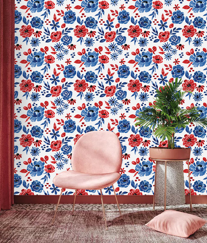 HaokHome Wallpaper Peel and Stick Botanical Floral Blue/Red Wall Decor Removable Mural for Bedroom & Living Room