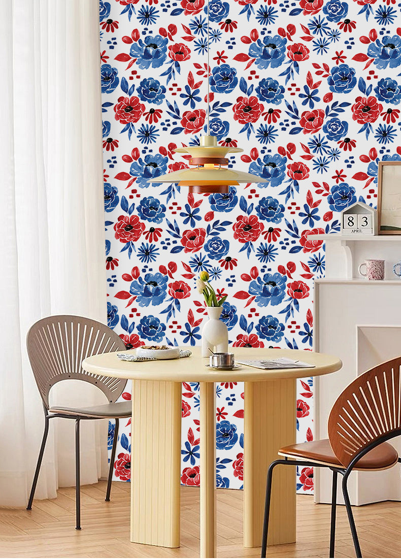 HaokHome Wallpaper Peel and Stick Botanical Floral Blue/Red Wall Decor Removable Mural for Bedroom & Living Room