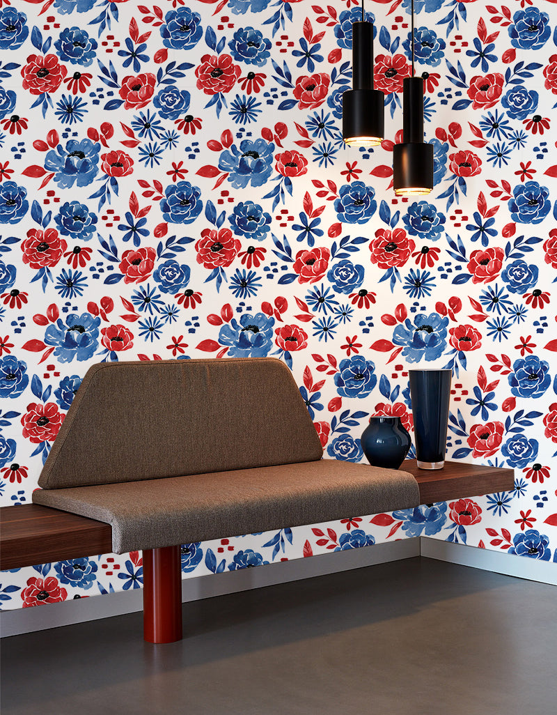 HaokHome Wallpaper Peel and Stick Botanical Floral Blue/Red Wall Decor Removable Mural for Bedroom & Living Room