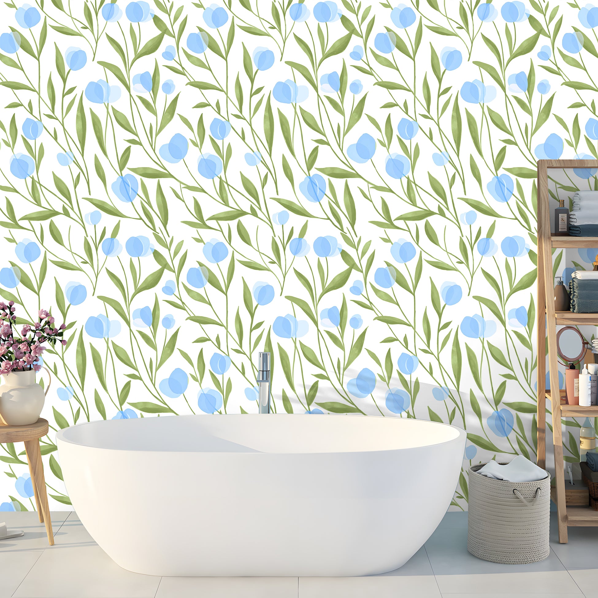 HaokHome Wallpaper Peel and Stick Botanical Floral Green/Blue Minimalist Wall Decor Removable Mural for Bedroom & Living Room