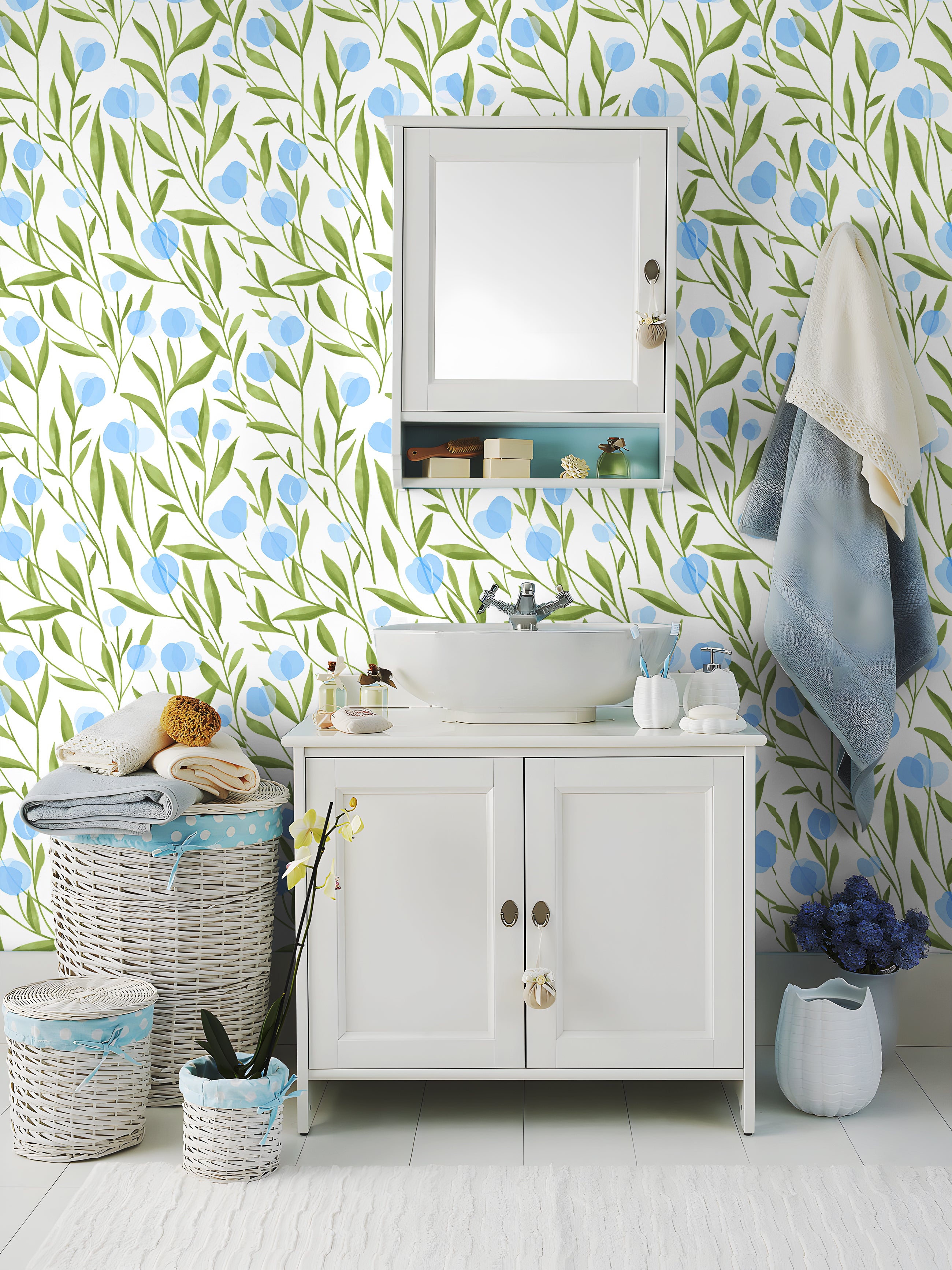 HaokHome Wallpaper Peel and Stick Botanical Floral Green/Blue Minimalist Wall Decor Removable Mural for Bedroom & Living Room