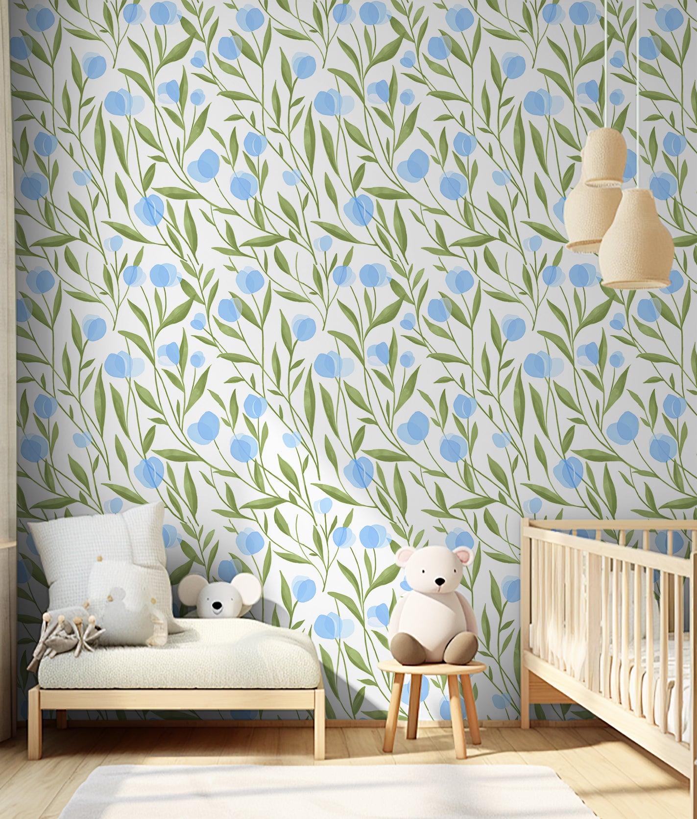 HaokHome Wallpaper Peel and Stick Botanical Floral Green/Blue Minimalist Wall Decor Removable Mural for Bedroom & Living Room