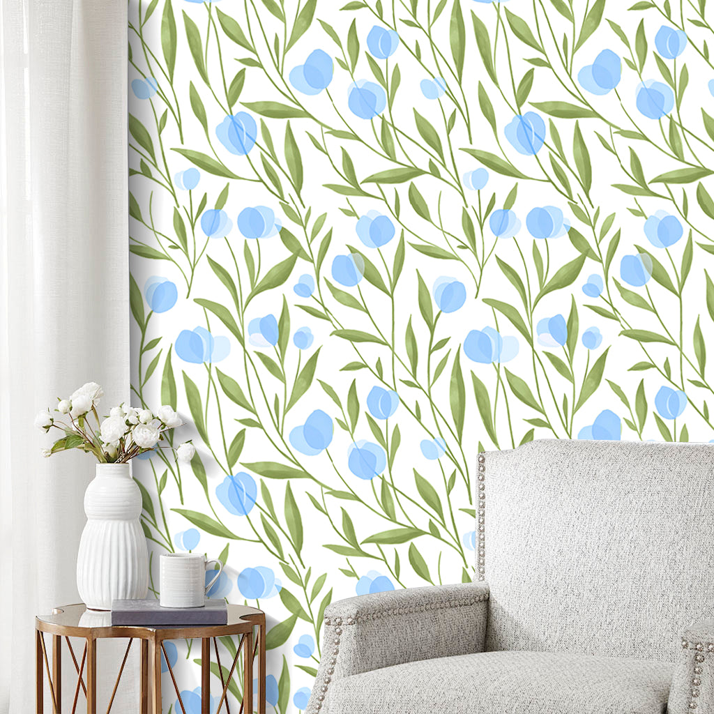 HaokHome Wallpaper Peel and Stick Botanical Floral Green/Blue Minimalist Wall Decor Removable Mural for Bedroom & Living Room