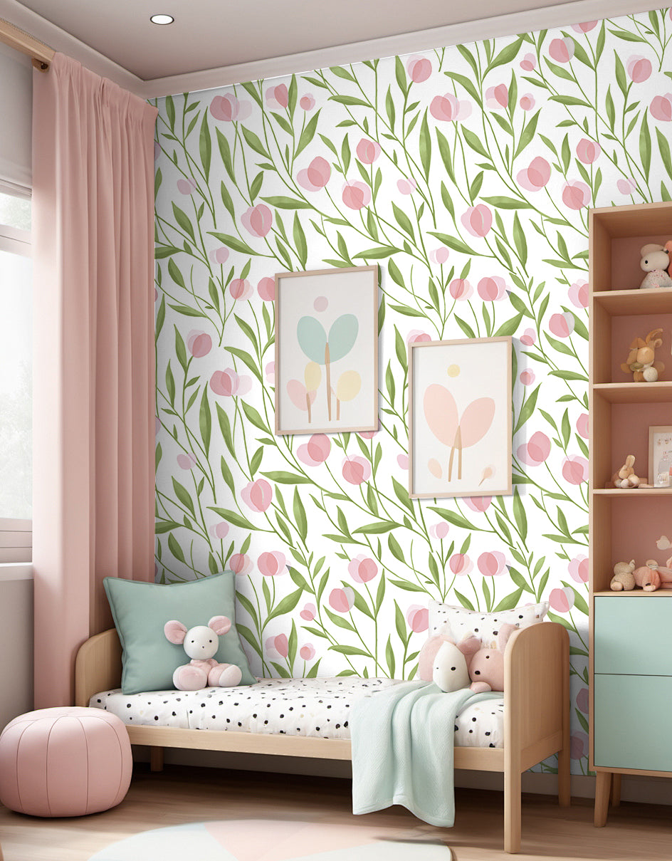 HaokHome Wallpaper Peel and Stick Botanical Floral Green/Pink Minimalist Wall Decor Removable Mural for Bedroom & Living Room