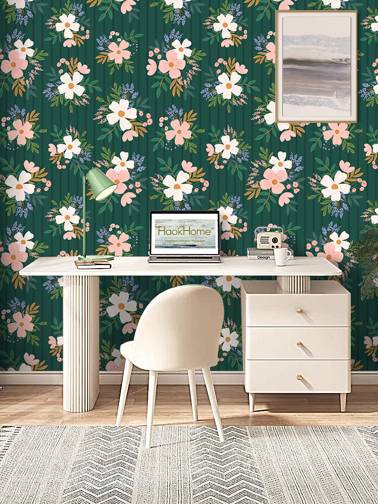 HaokHome Wallpaper Peel and Stick Botanical Floral Green/Pink/White Rustic Wall Decor Removable Mural for Bedroom & Living Room