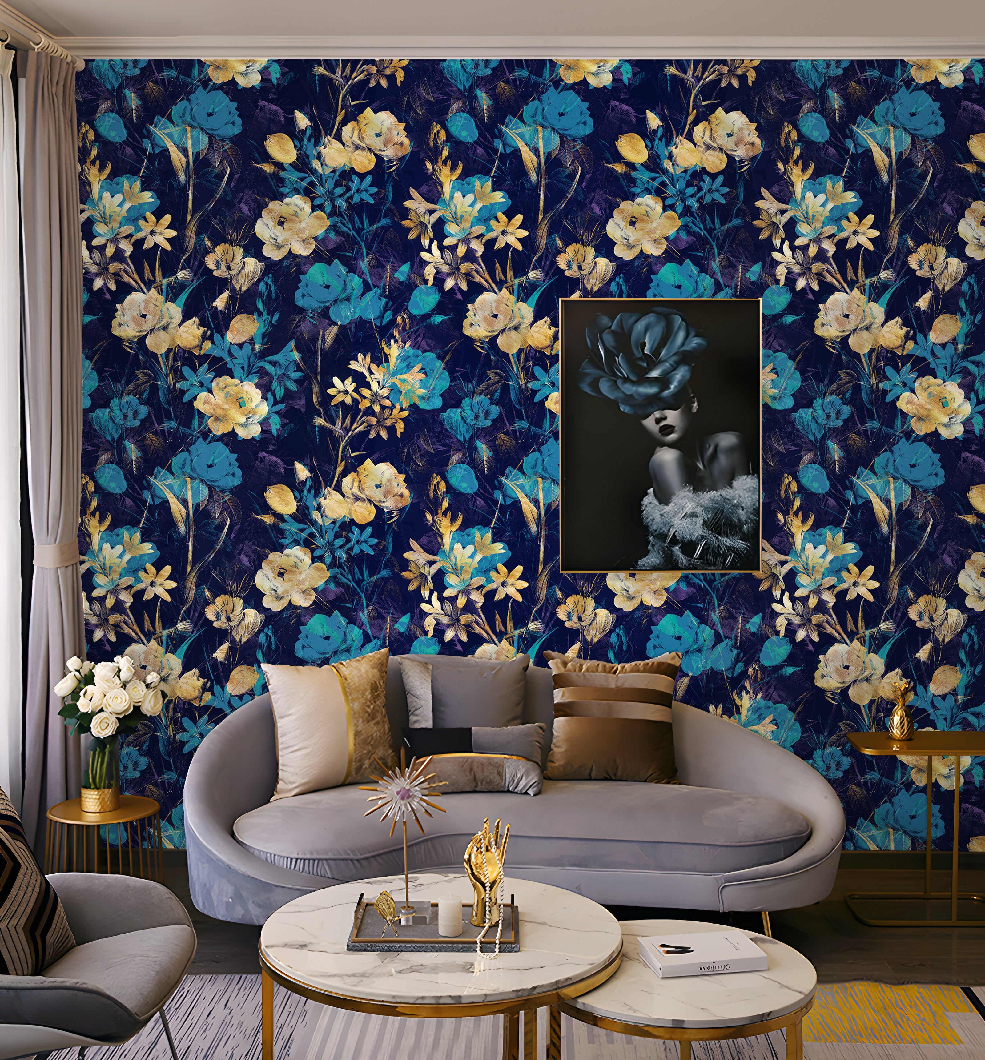 HaokHome Wallpaper Peel and Stick Botanical Floral Navy Blue/Gold Wall Decor Removable Mural for Bedroom & Living Room