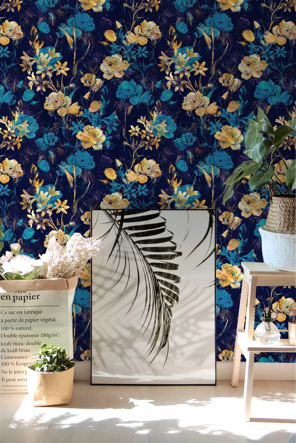 HaokHome Wallpaper Peel and Stick Botanical Floral Navy Blue/Gold Wall Decor Removable Mural for Bedroom & Living Room