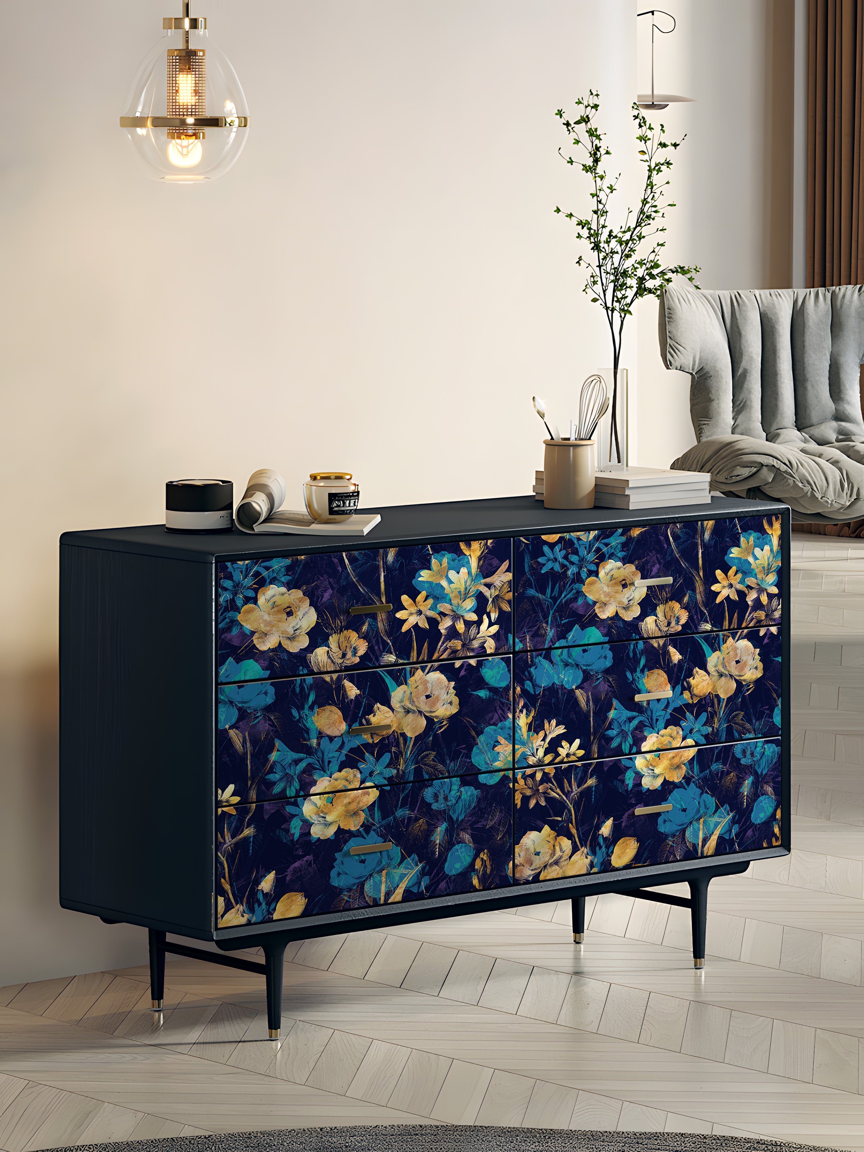 HaokHome Wallpaper Peel and Stick Botanical Floral Navy Blue/Gold Wall Decor Removable Mural for Bedroom & Living Room