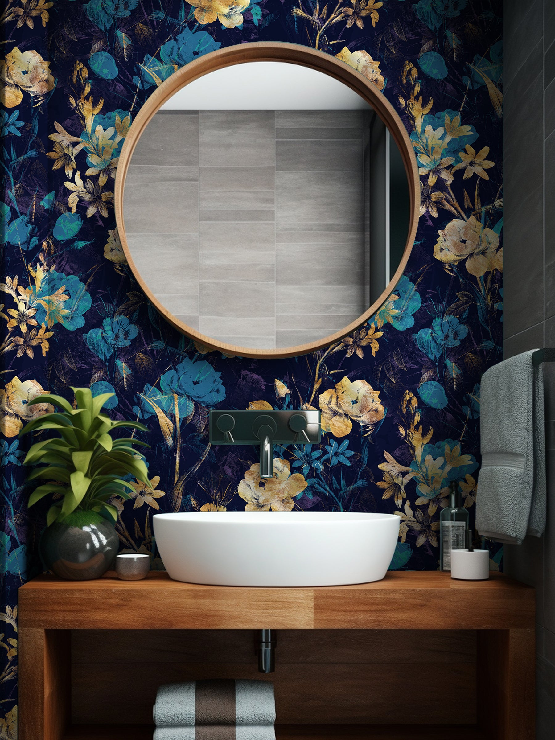 HaokHome Wallpaper Peel and Stick Botanical Floral Navy Blue/Gold Wall Decor Removable Mural for Bedroom & Living Room