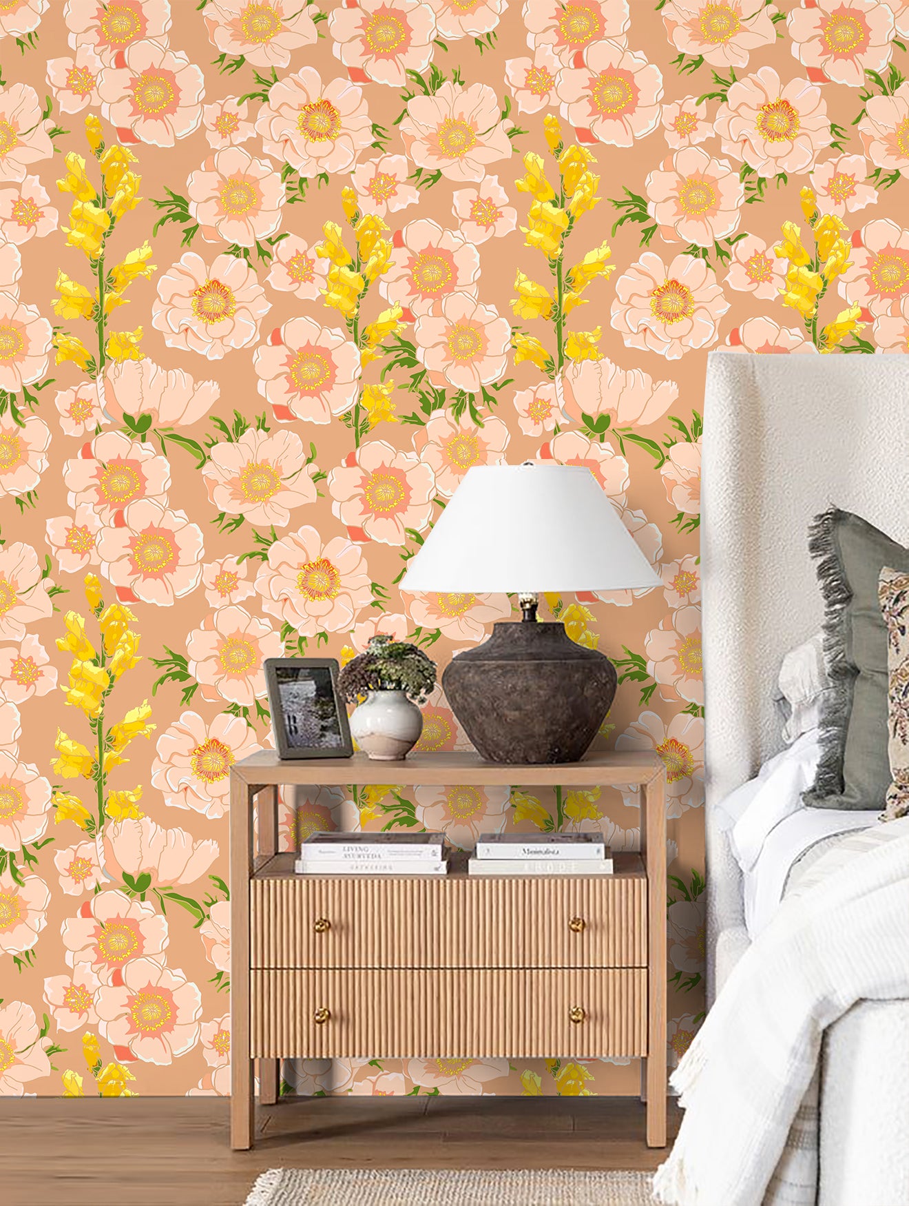 HaokHome Wallpaper Peel and Stick Botanical Floral Peach/Yellow/Green Wall Decor Removable Mural for Bedroom & Living Room