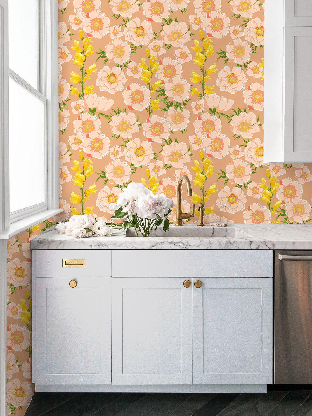 HaokHome Wallpaper Peel and Stick Botanical Floral Peach/Yellow/Green Wall Decor Removable Mural for Bedroom & Living Room