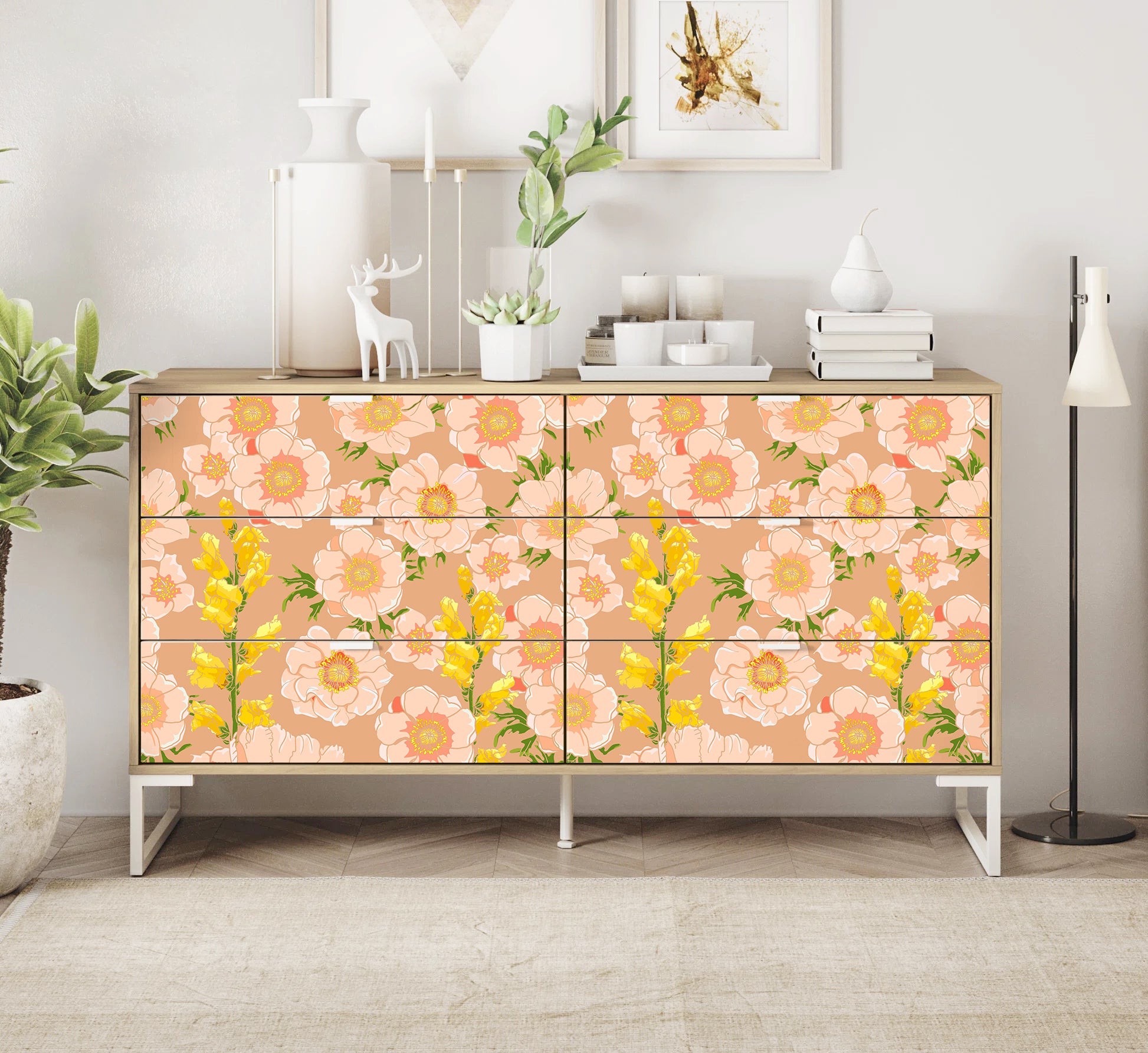 HaokHome Wallpaper Peel and Stick Botanical Floral Peach/Yellow/Green Wall Decor Removable Mural for Bedroom & Living Room