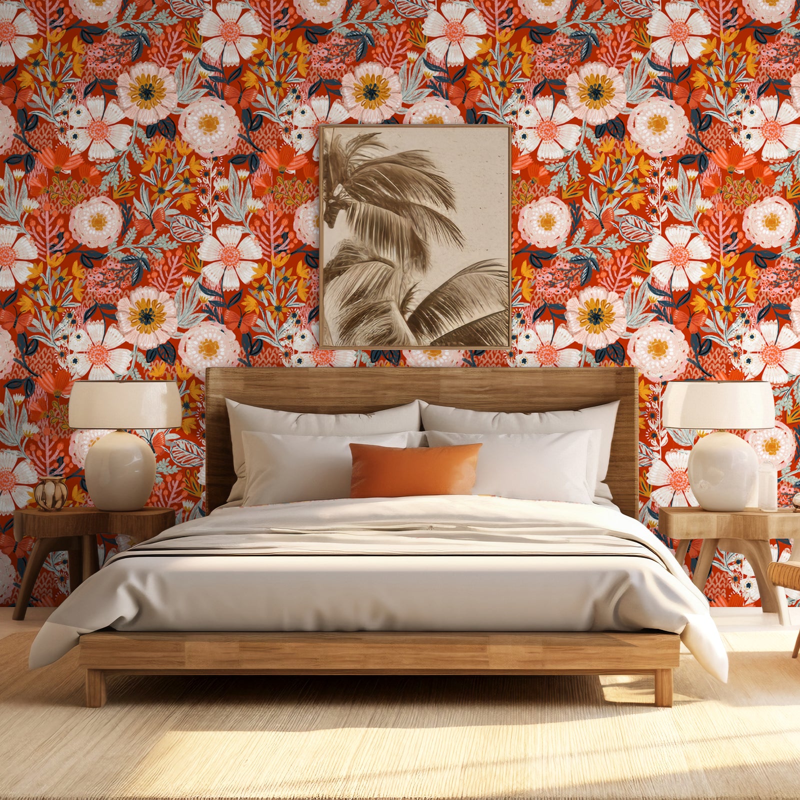 HaokHome Wallpaper Peel and Stick Botanical Floral Red/Orange/Pink Vintage Wall Decor Removable Mural for Bedroom & Living Room