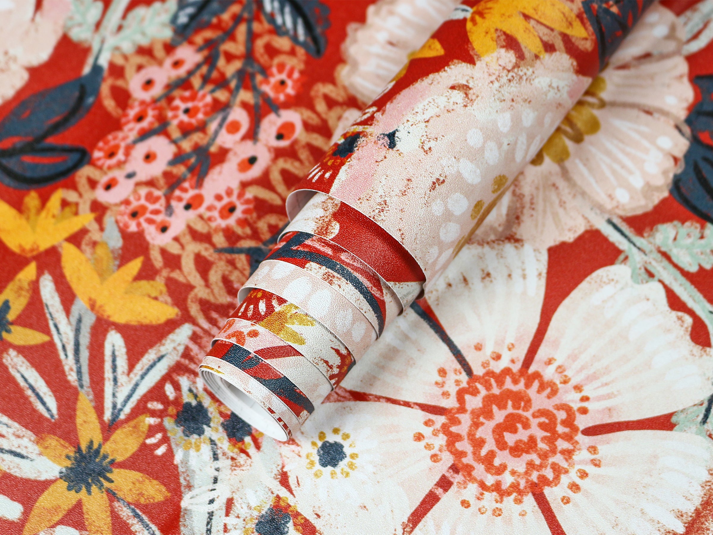 HaokHome Wallpaper Peel and Stick Botanical Floral Red/Orange/Pink Vintage Wall Decor Removable Mural for Bedroom & Living Room